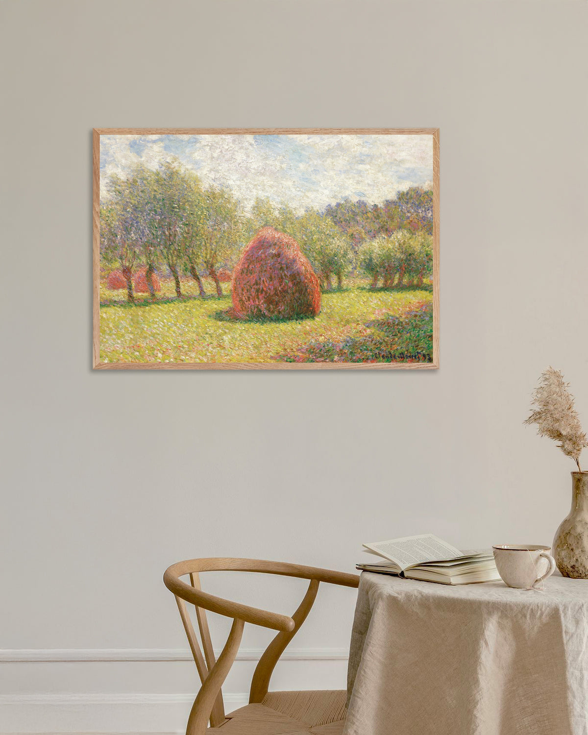 Poster of Haystacks at Giverny (1893) by Claude Monet, with natural wooden frame