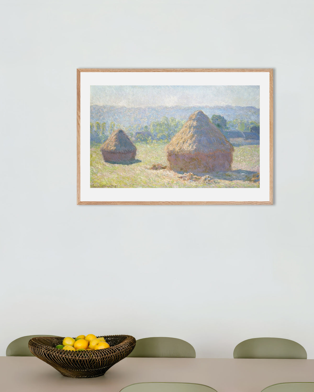 Poster of Haystacks, End of Summer (1891) by Claude Monet, with natural wooden frame