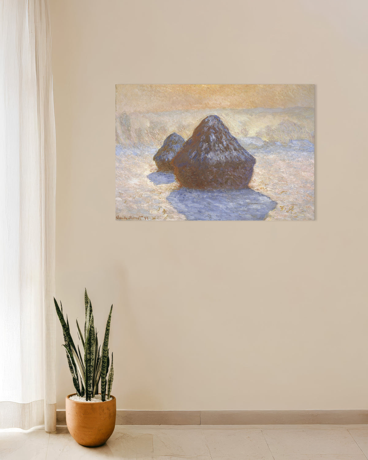 Poster of Haystacks, Snow Effect (1891) by Claude Monet