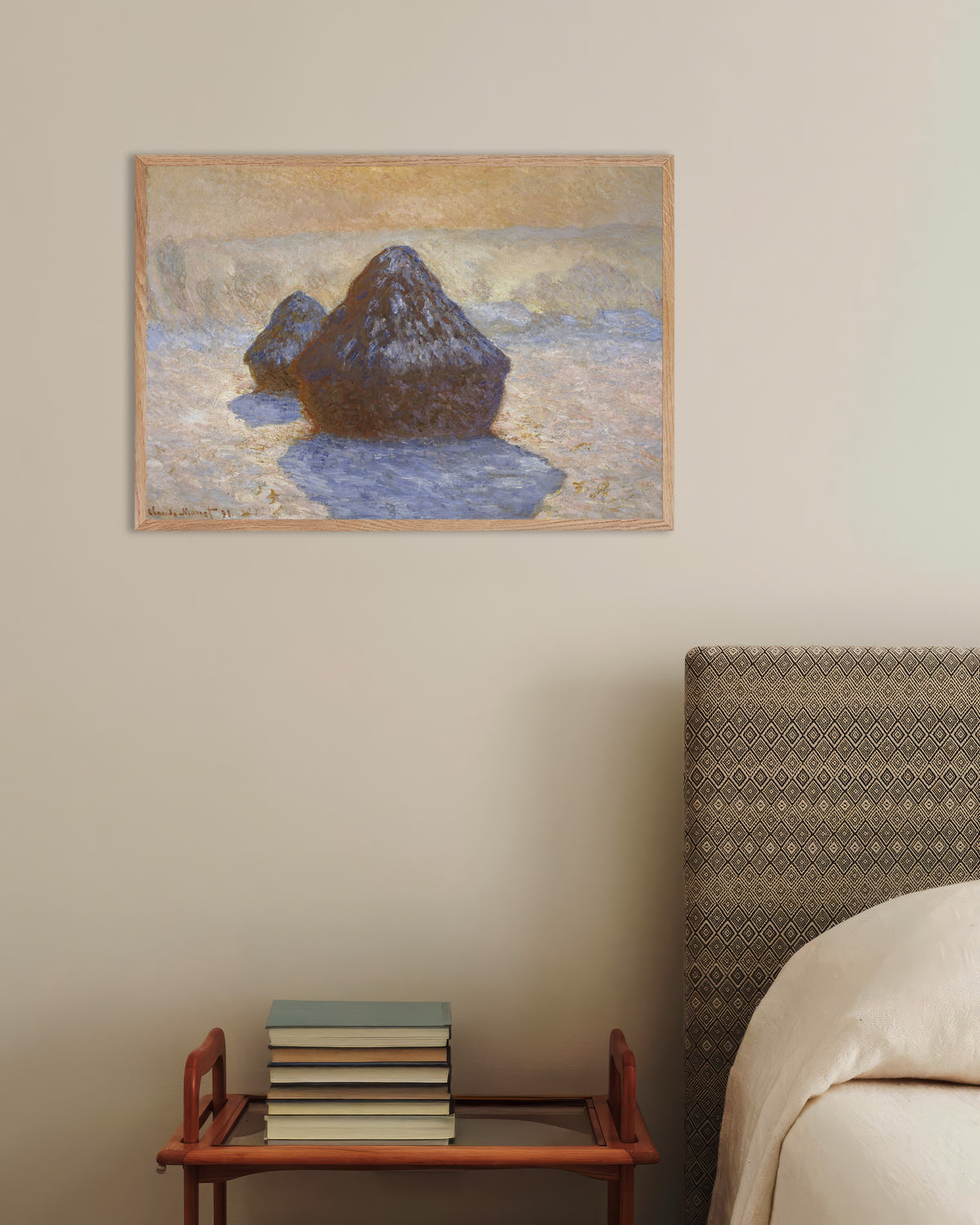 Poster of Haystacks, Snow Effect (1891) by Claude Monet, with natural wooden frame