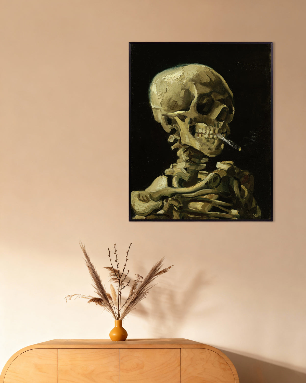 Poster of Head of a Skeleton with a Burning Cigarette (1886) by Vincent van Gogh, with metal frame
