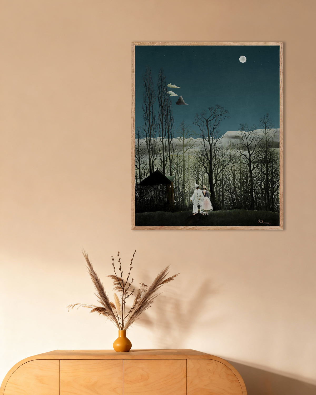 Poster of Henri Rousseau Print - A Carnival Evening (detail), with natural wooden frame