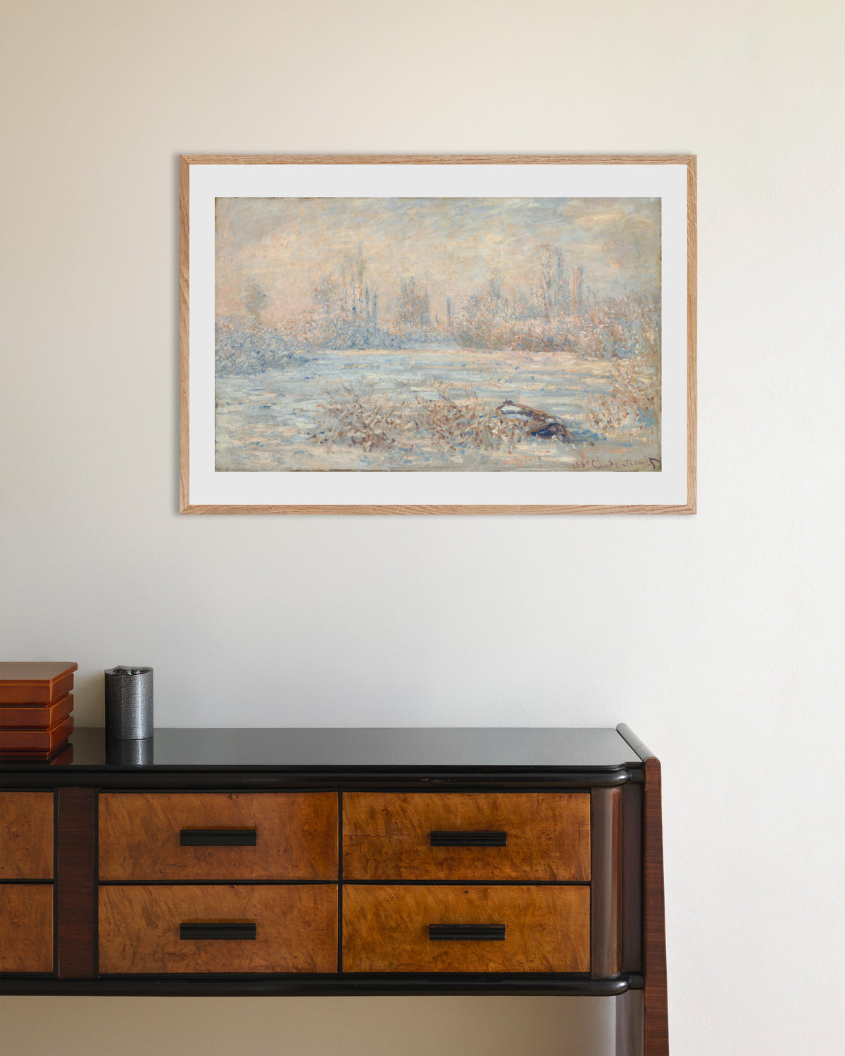 Poster of Hoarfrost (1880) by Claude Monet, with natural wooden frame