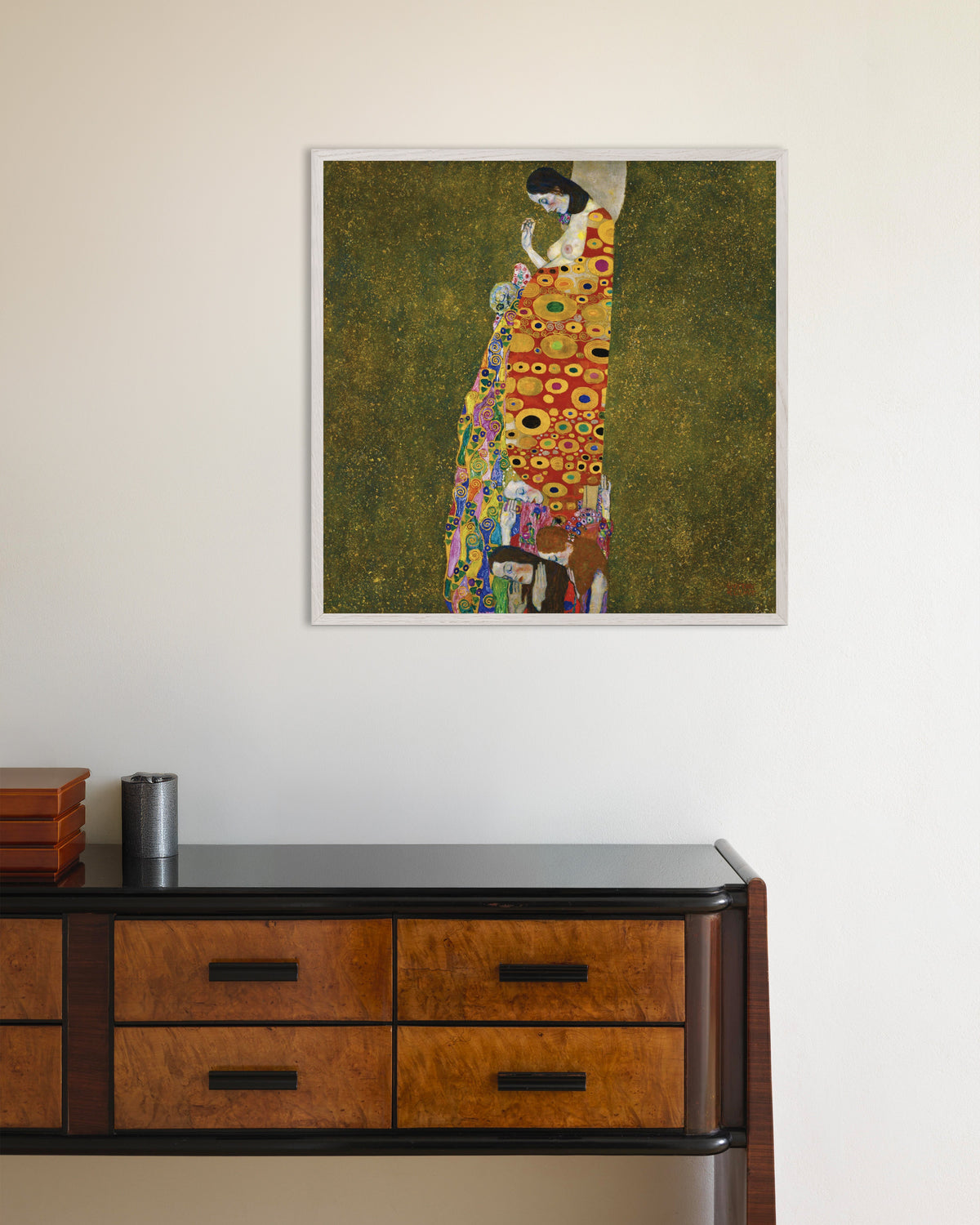 Poster of Hope II (1907–1908) by Gustav Klimt, with white wooden frame