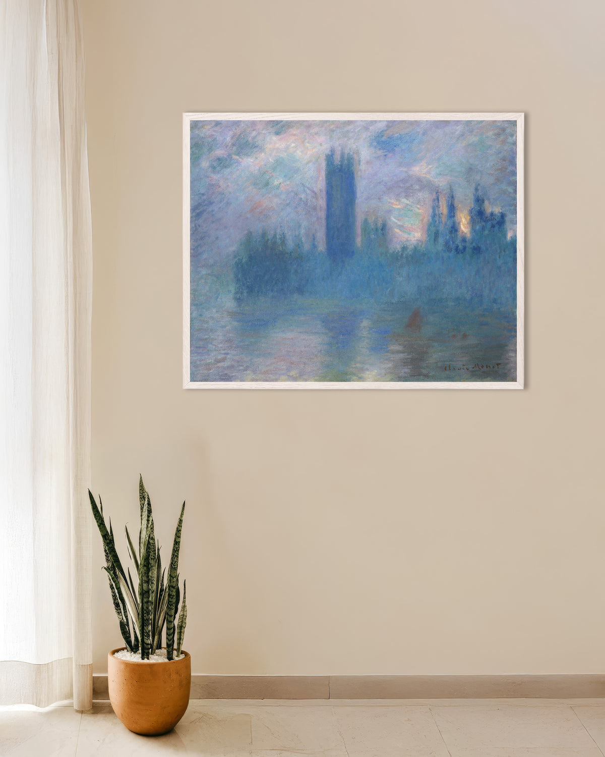 Poster of Houses of Parliament, London (1900) by Claude Monet, with white wooden frame