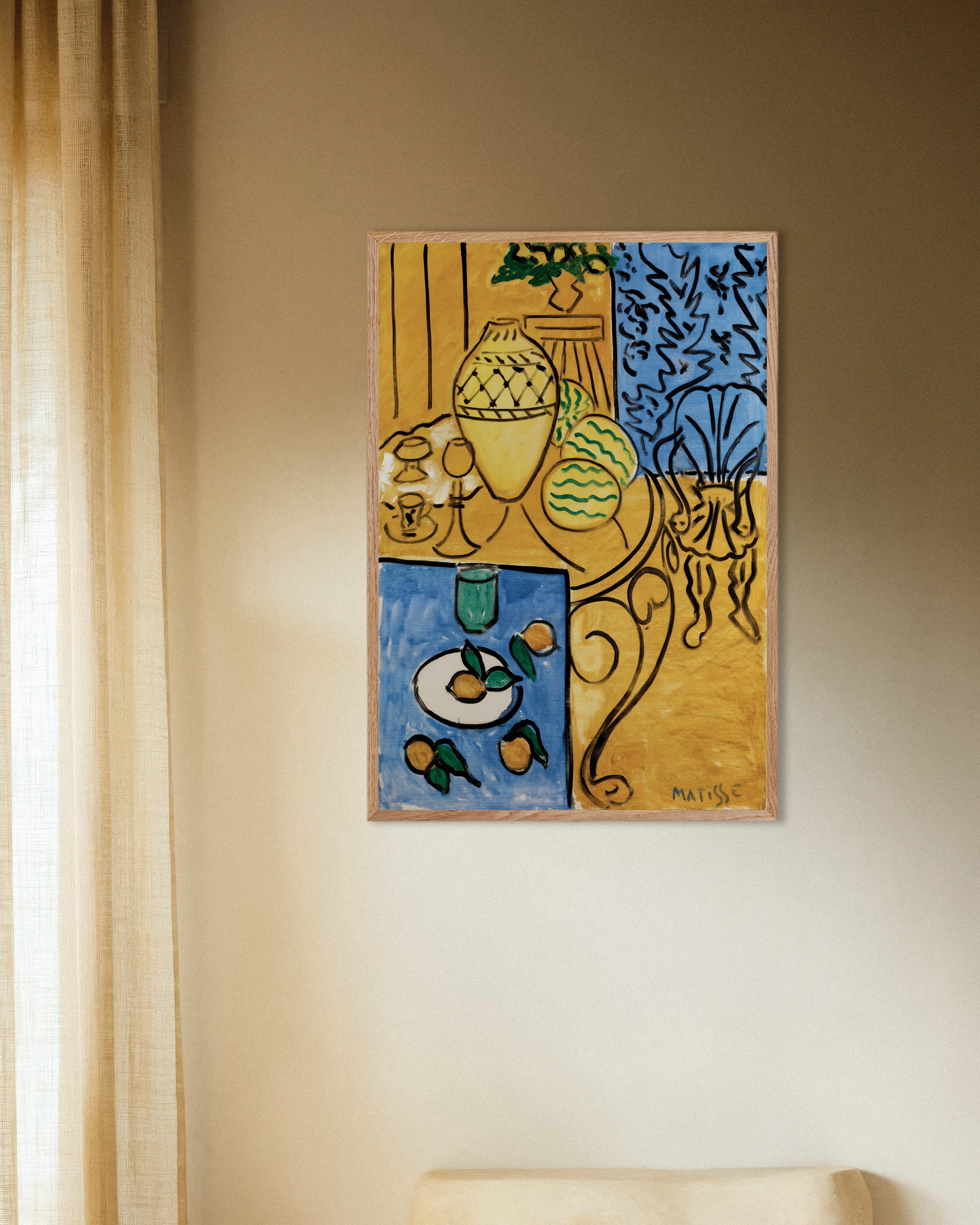 Poster of Interior, yellow & blue (1946) by Henri Matisse - Poster, with natural wooden frame