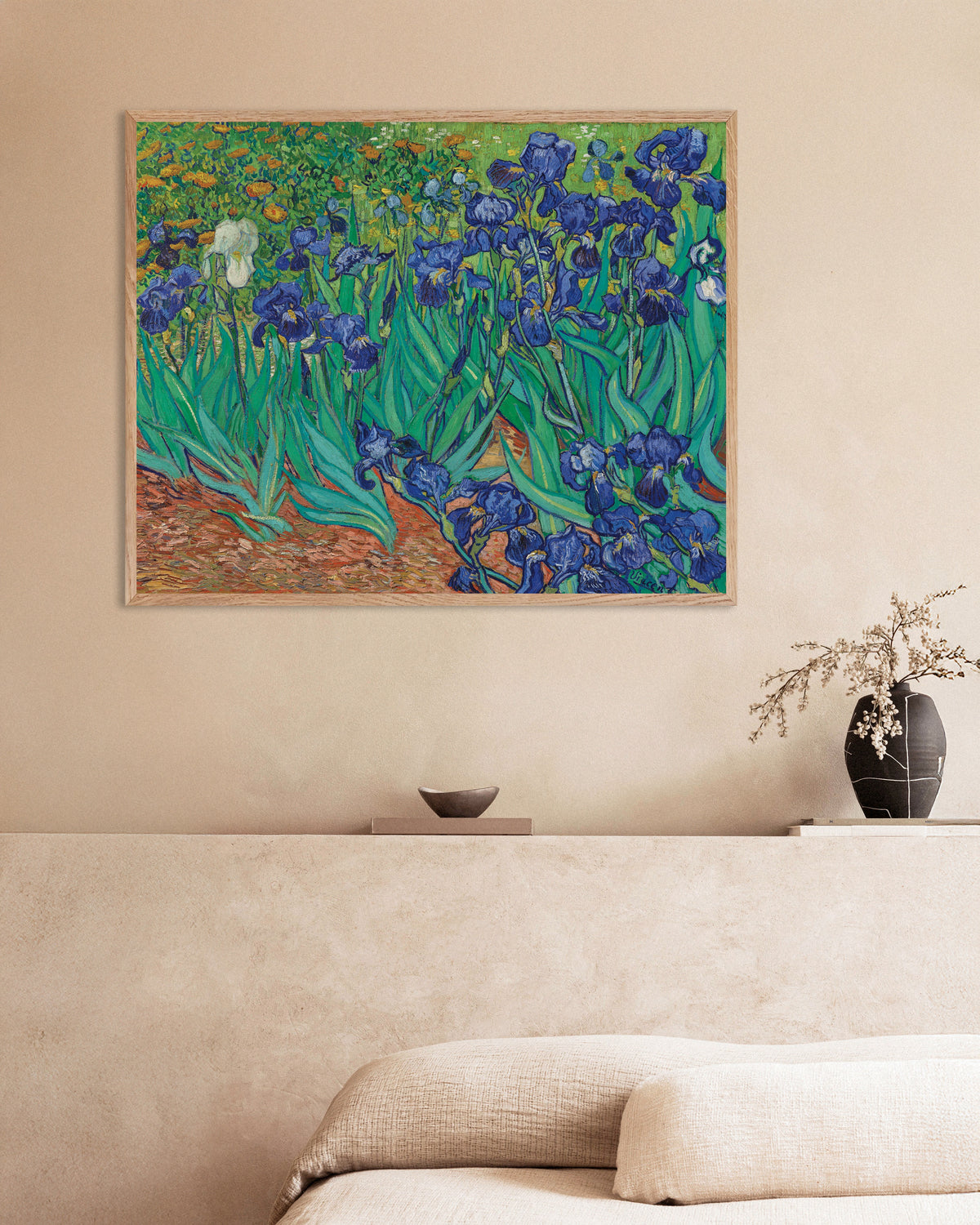 Poster of Irises (1889) by Vincent van Gogh, with natural wooden frame