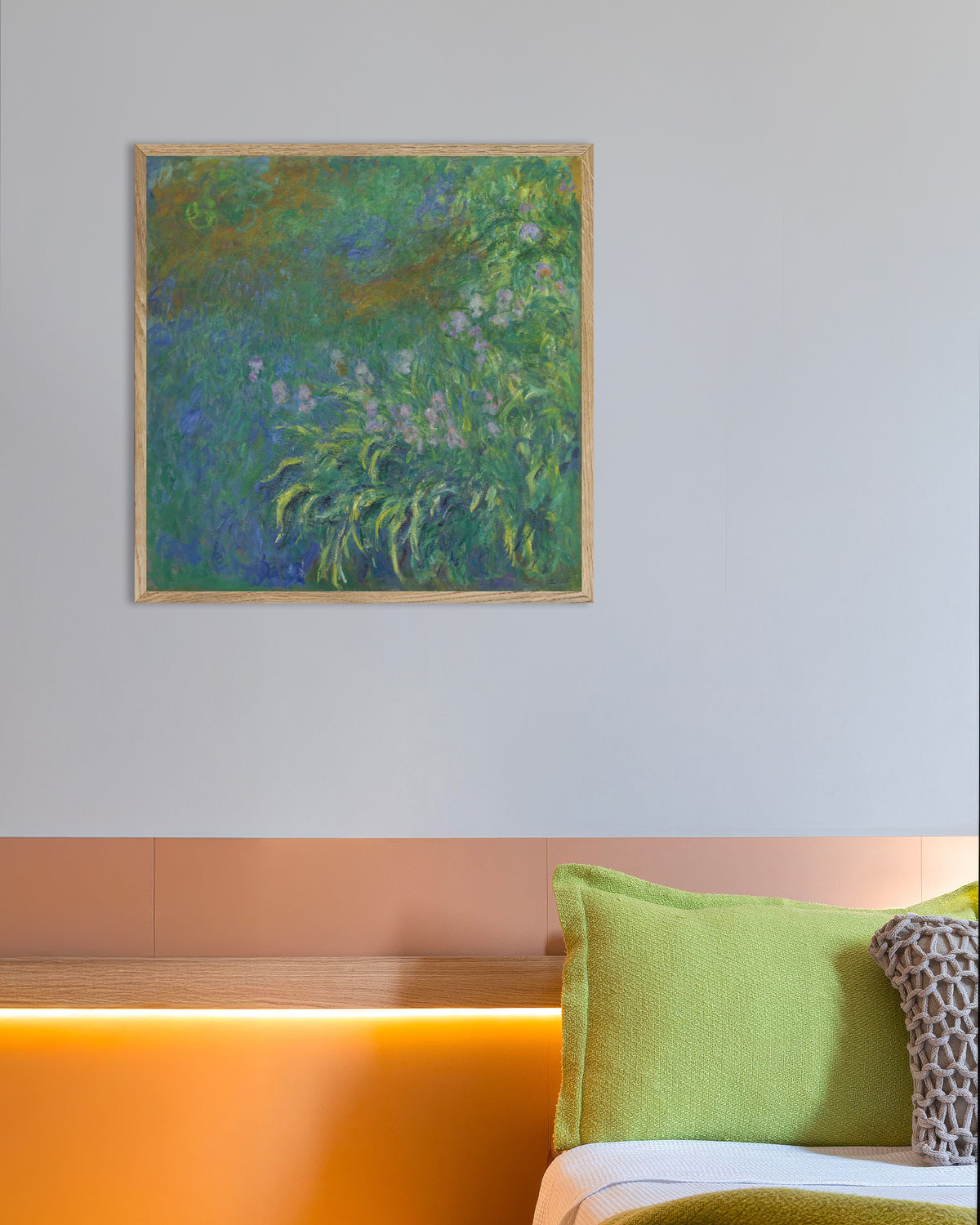 Poster of Irises (1914–1917) by Claude Monet, with natural wooden frame