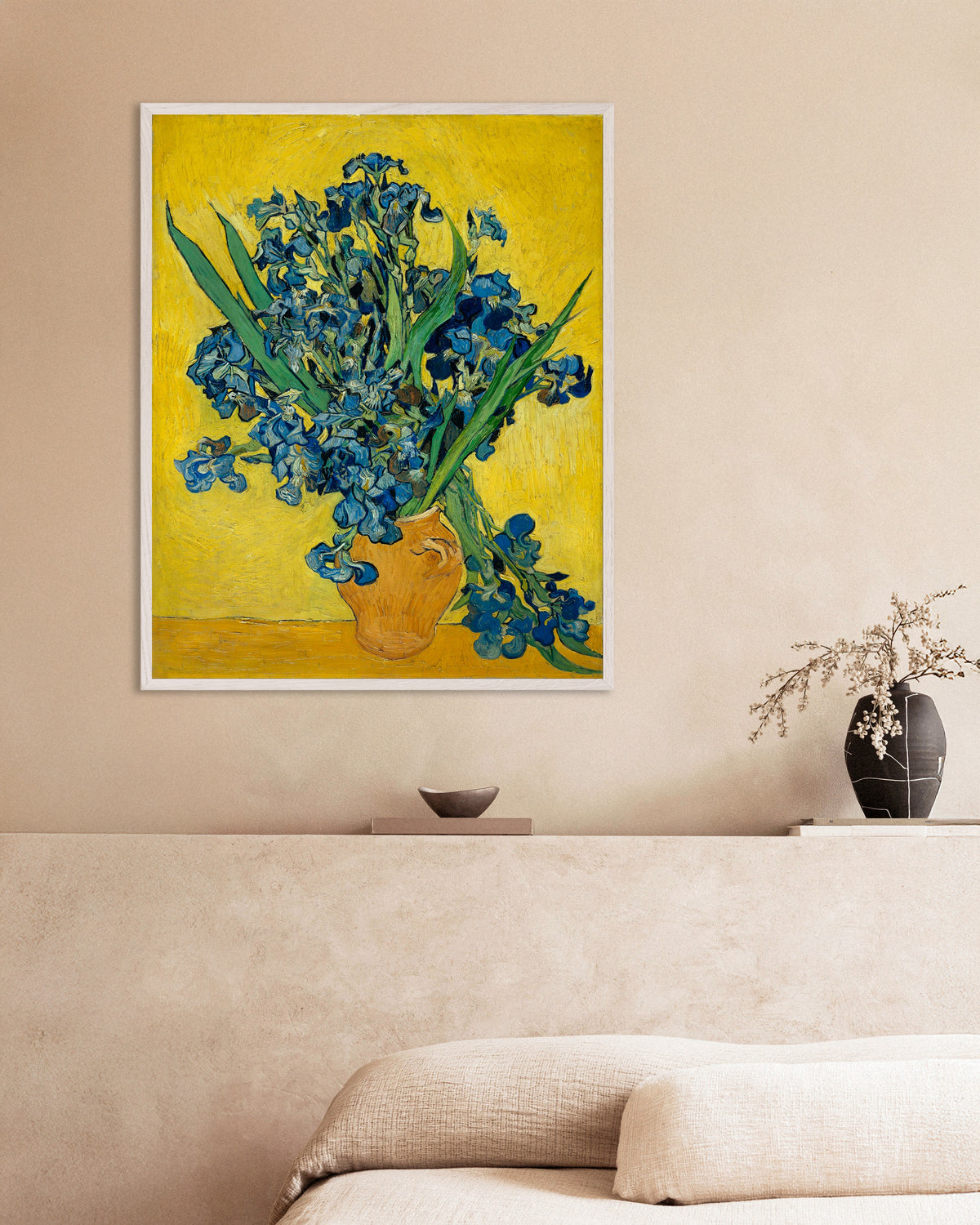 Poster of Irises in a Vase (1890) by Vincent van Gogh, with white wooden frame