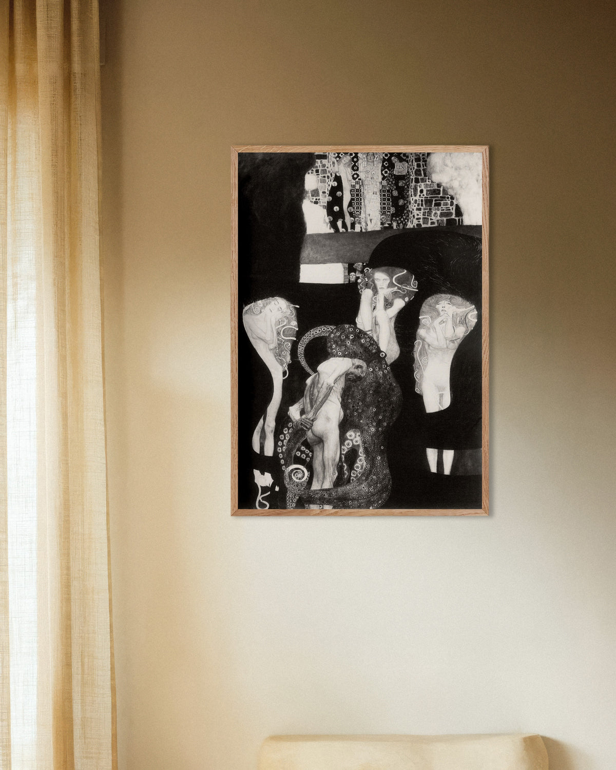 Poster of Jurisprudence (1907) by Gustav Klimt, with natural wooden frame