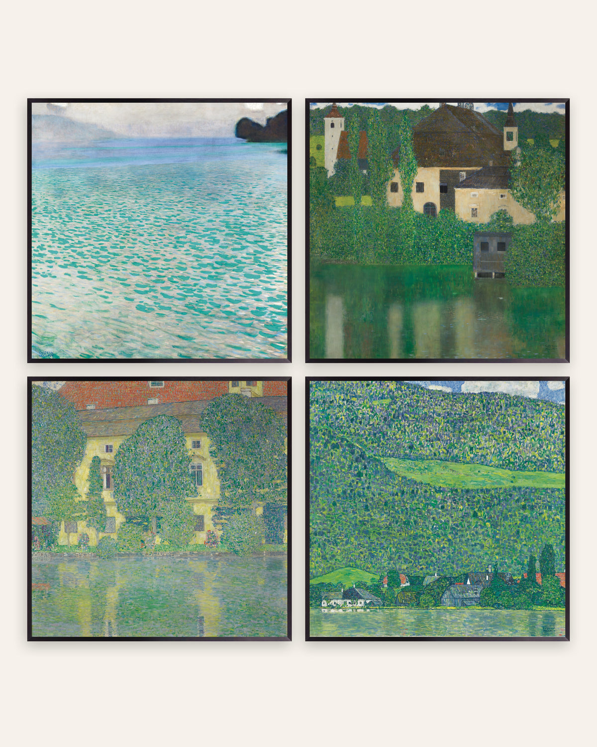Klimt Attersee Prints Set of 4 – Lake, Water Castle, Schloss Kammer & Litzlberg, prints in black metal frames