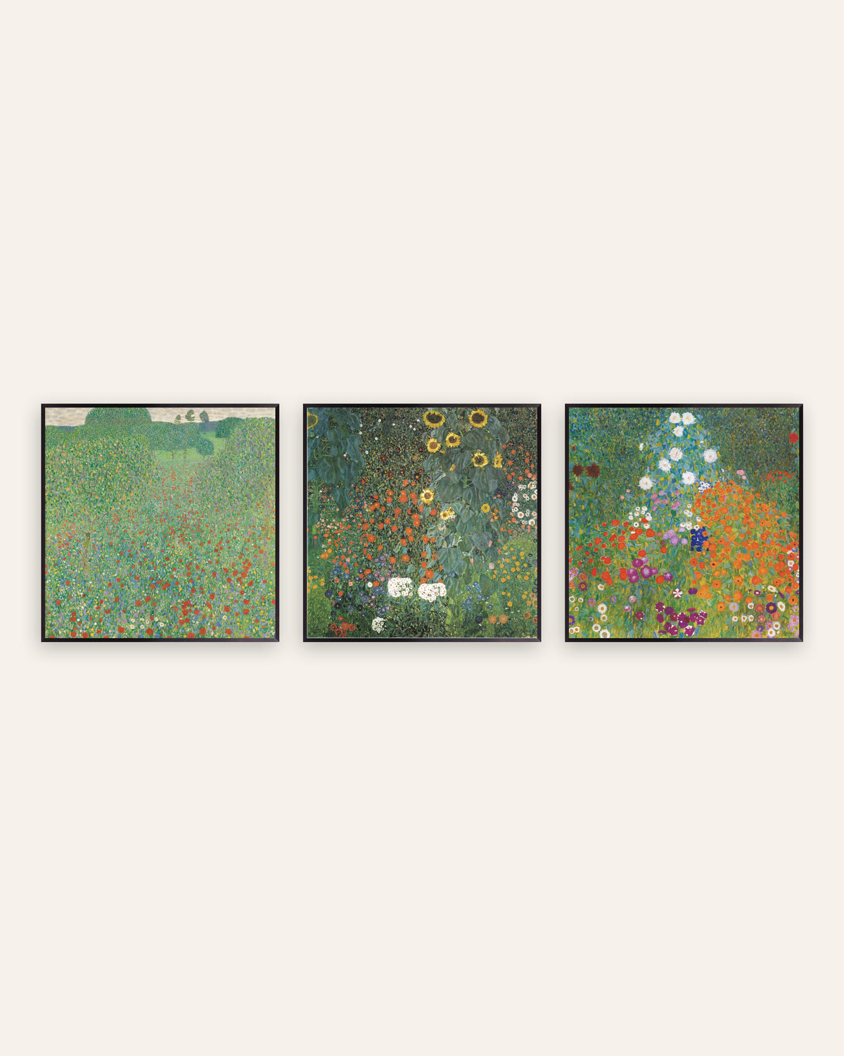 Klimt Garden Prints Set of 3 – Poppy Field, Sunflowers & Cottage Garden, prints in black metal frames