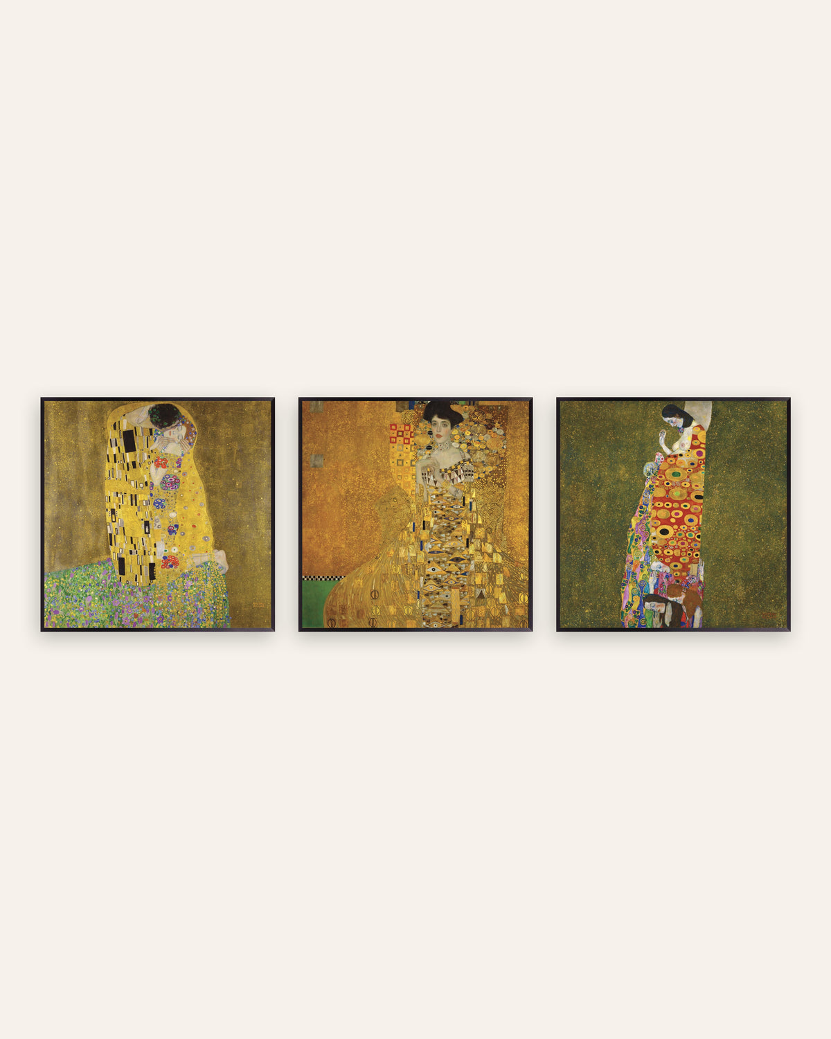 Klimt Prints Set of 3 – The Kiss, Adele Bloch-Bauer I & Hope II, prints in black metal frames