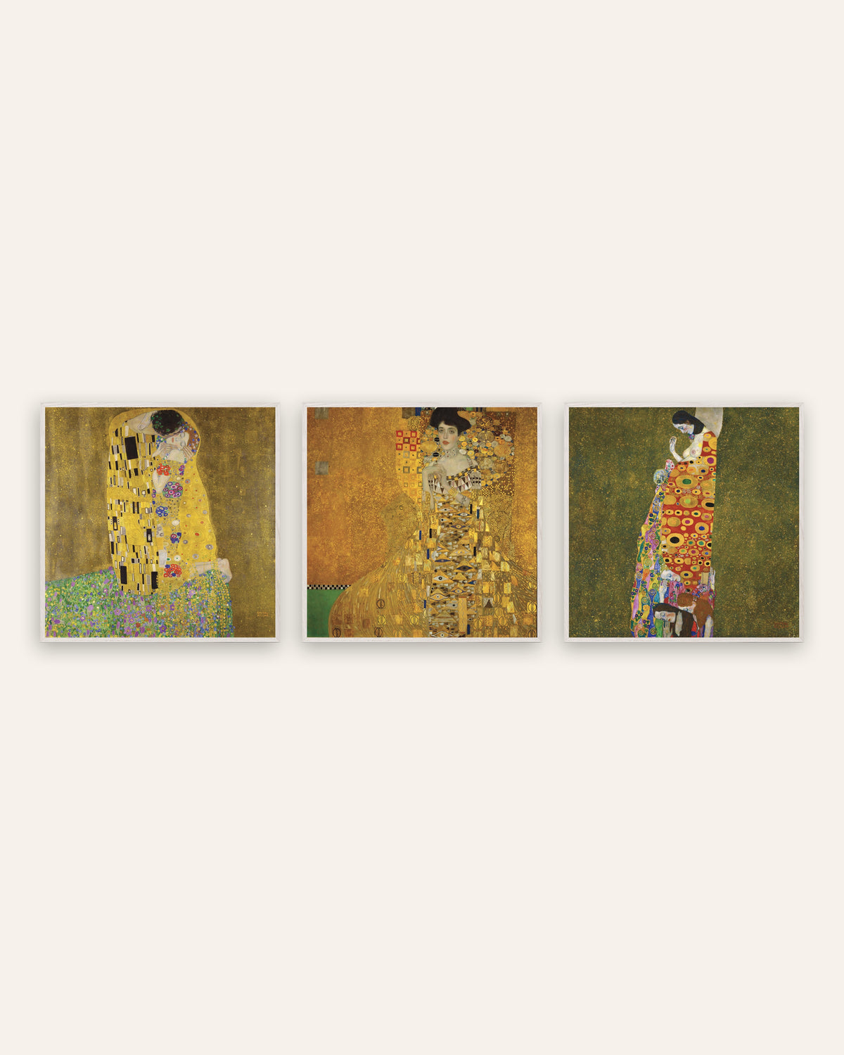 Klimt Prints Set of 3 – The Kiss, Adele Bloch-Bauer I & Hope II, prints in white oak frames