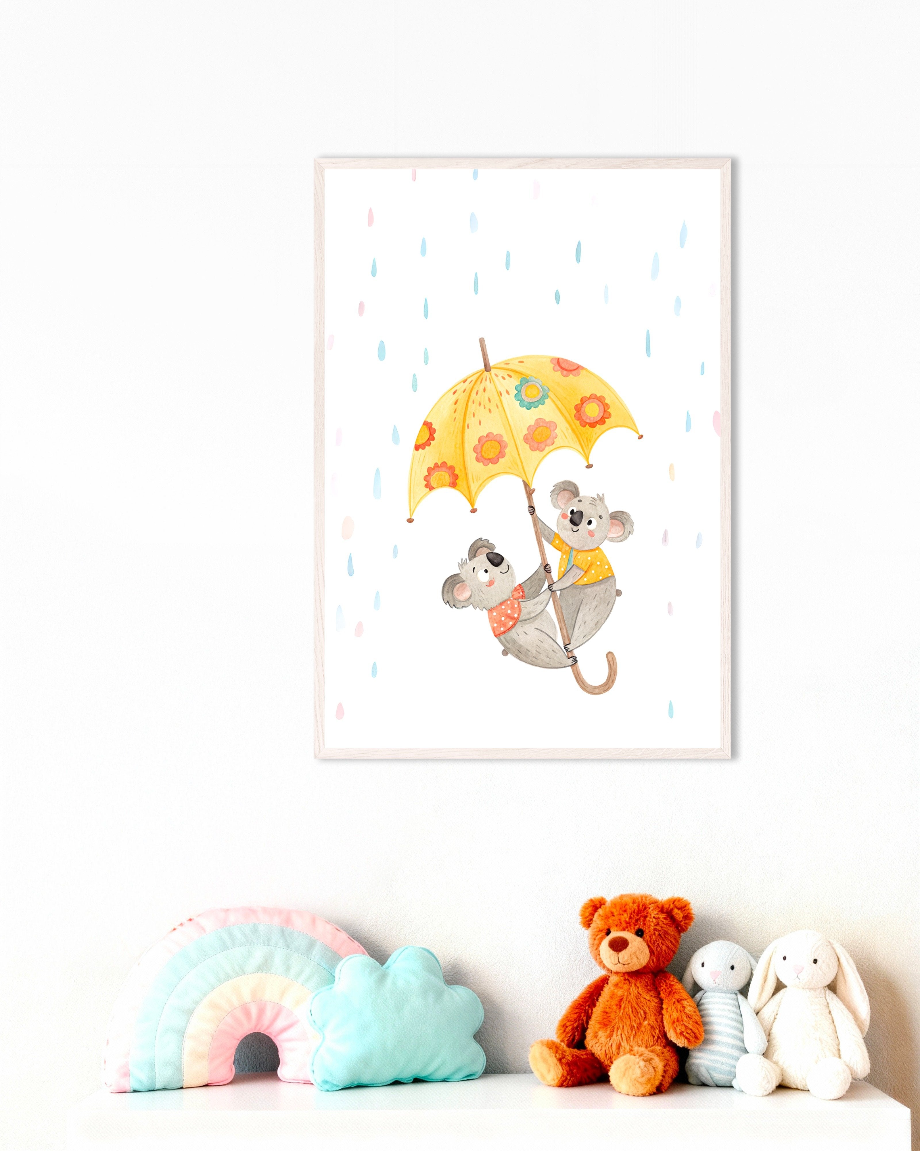 Poster of Koalas with Umbrella Poster - Nursery Wall Art, with white wooden frame