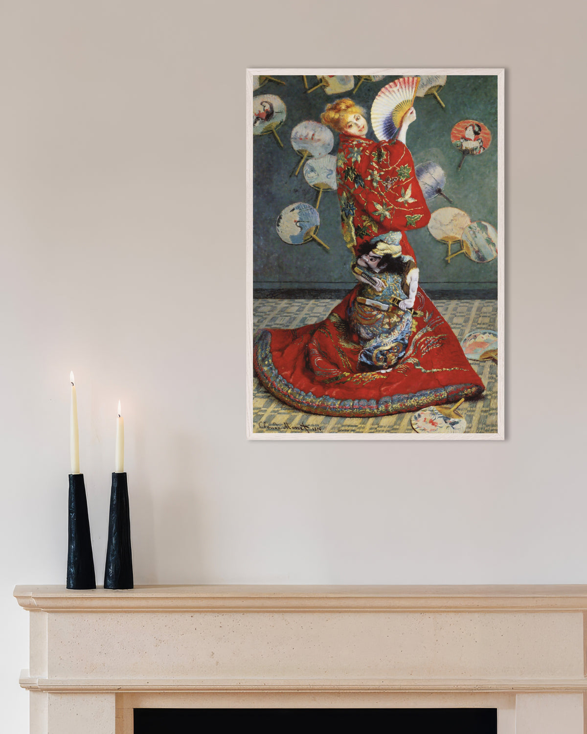 Poster of La Japonaise, Camille Monet in Japanese Costume (1876) by Claude Monet, with white wooden frame