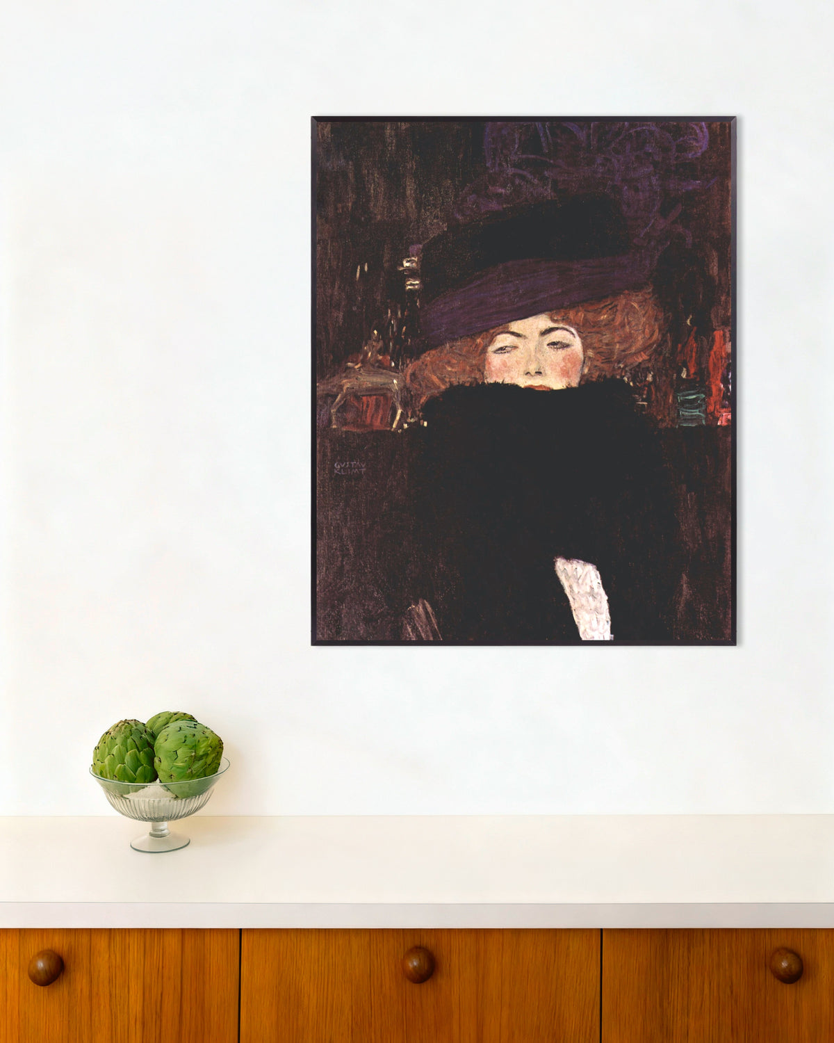 Poster of Lady with Hat and Feather Boa (1909) by Gustav Klimt, with metal frame