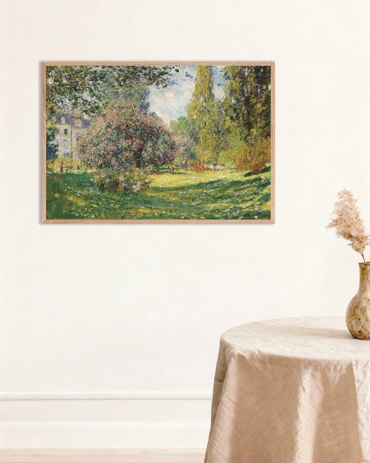 Poster of Landscape: The Parc Monceau (1876) by Claude Monet, with natural wooden frame