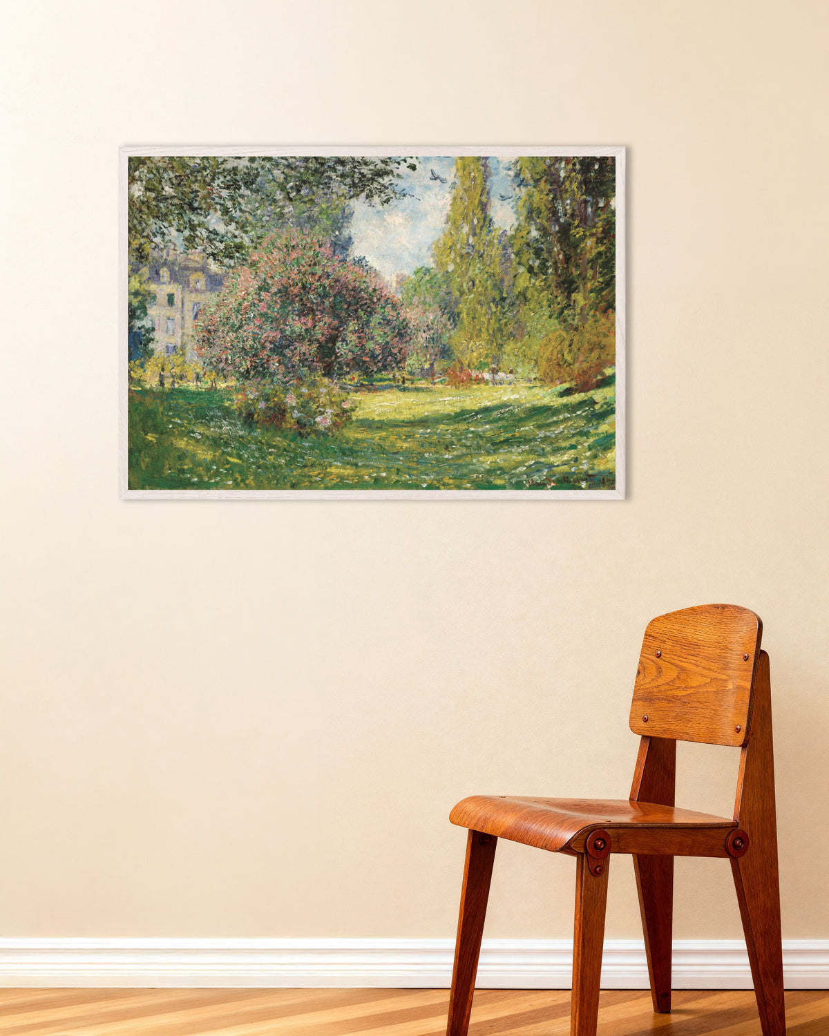 Poster of Landscape: The Parc Monceau (1876) by Claude Monet, with white wooden frame