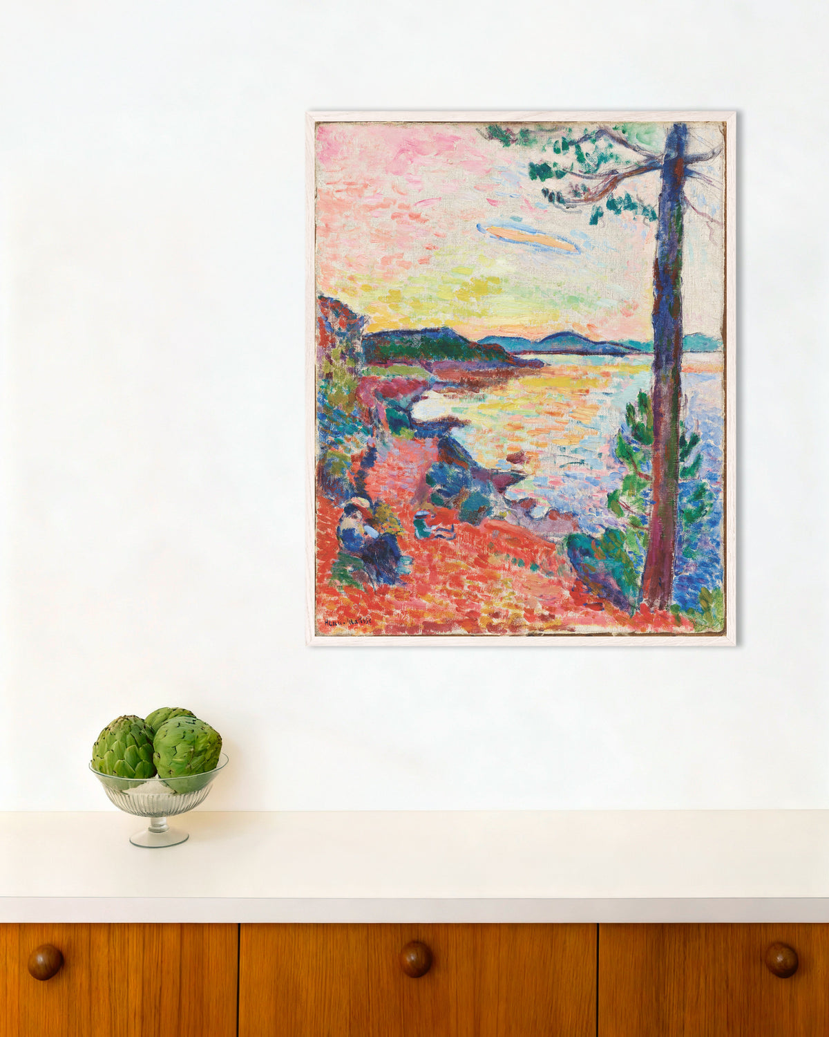 Poster of Le Goûter, The Gulf of Saint-Tropez (1904) by Henri Matisse, with white wooden frame