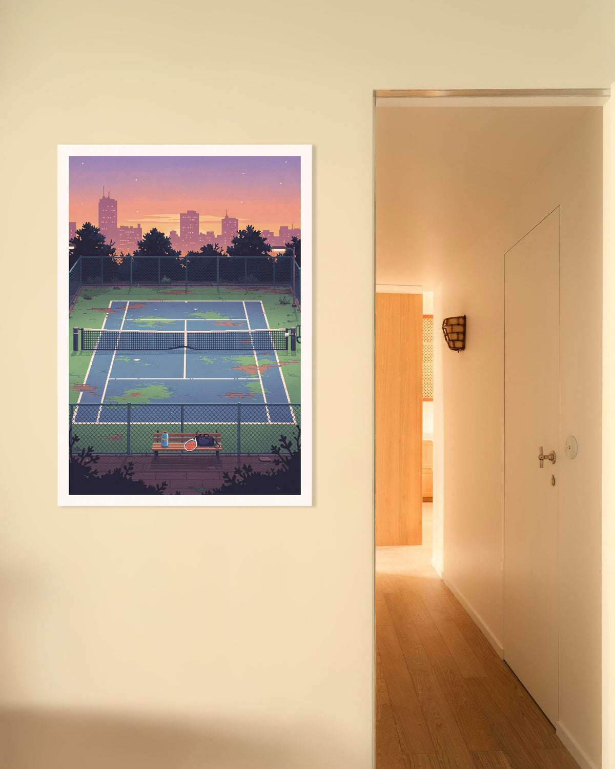 Abandoned Tennis Court at Dusk - Pixel Art Poster | Posterscape.co.uk