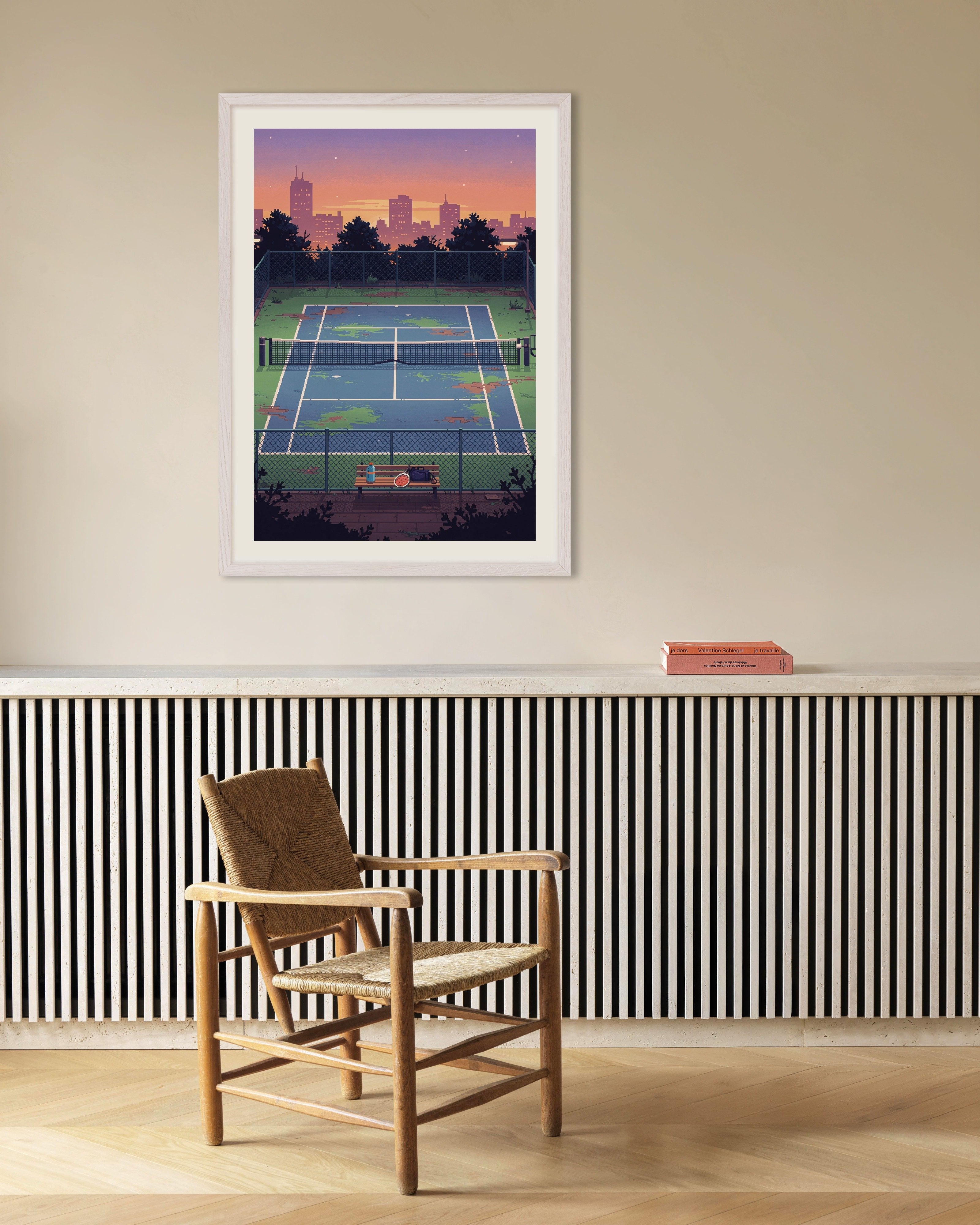 Poster of Lo-Fi Sunset Court - Pixel Art Poster, with white wooden frame