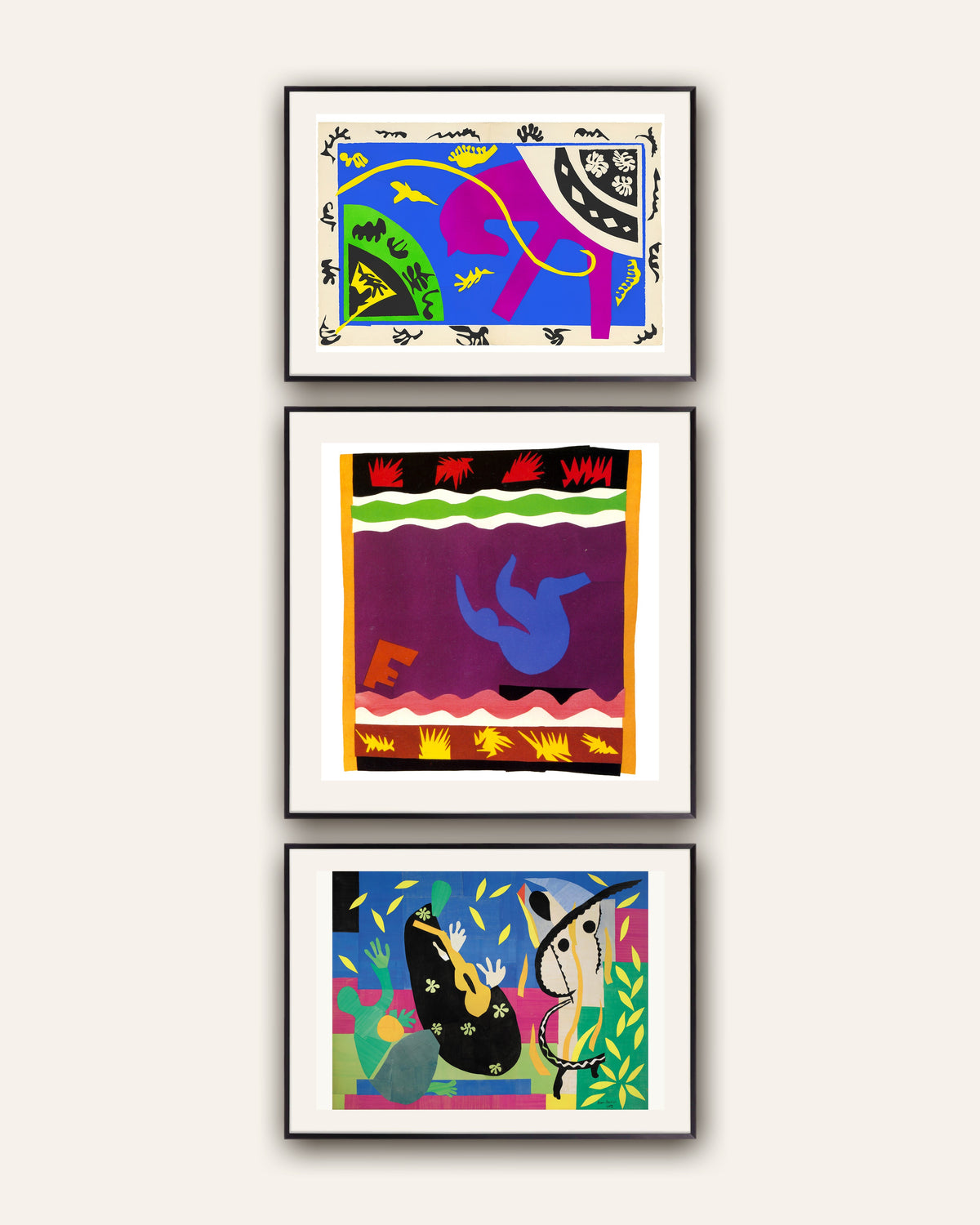 Matisse Cut-Out Prints Set of 3 – Horse, Rider and Clown, The Toboggan, The Sorrows of the King, prints in black metal frames