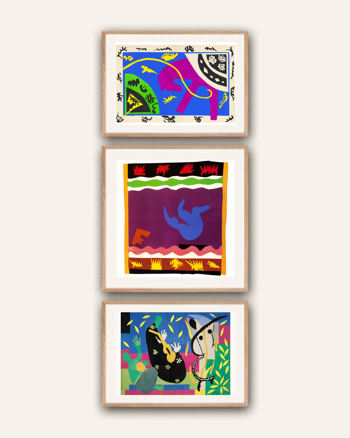 Matisse Cut-Out Prints Set of 3 – Horse, Rider and Clown, The Toboggan, The Sorrows of the King, prints in natural oak frames