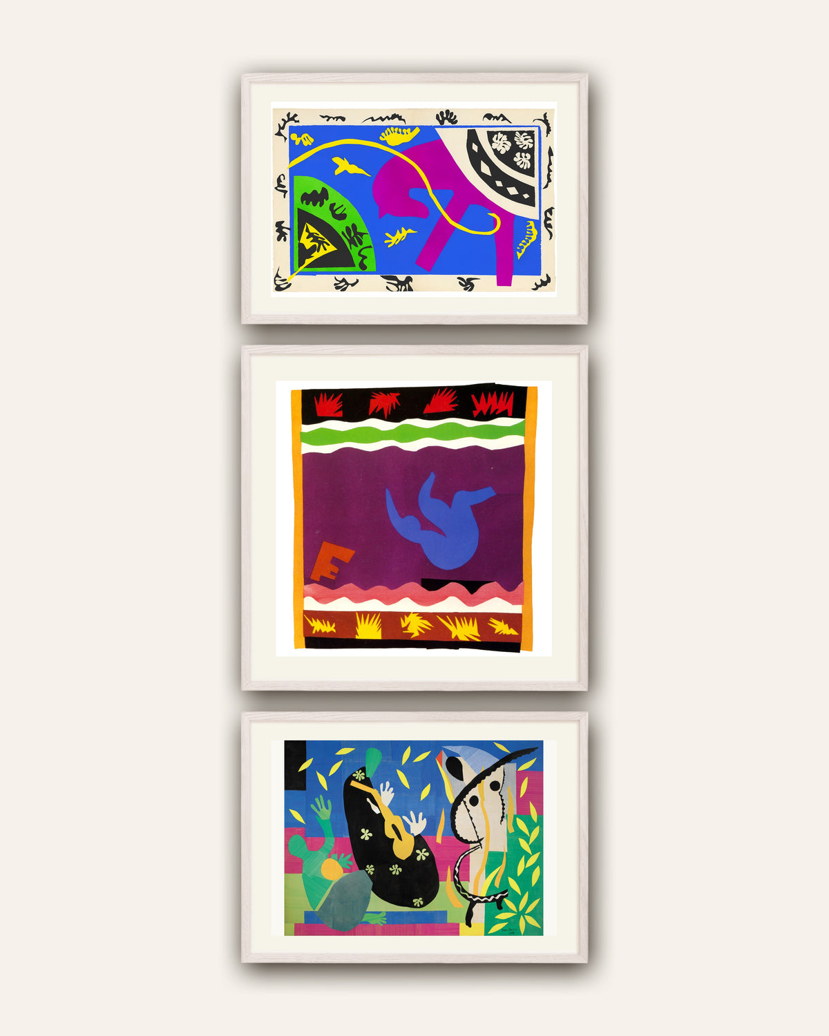 Matisse Cut-Out Prints Set of 3 – Horse, Rider and Clown, The Toboggan, The Sorrows of the King, prints in white oak frames