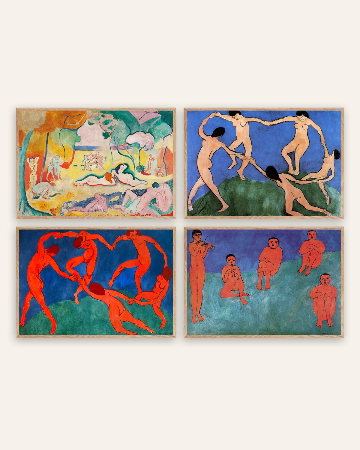 Matisse Prints Set of 4 – The Joy of Life, The Dance I & II and Music, prints in natural oak frames
