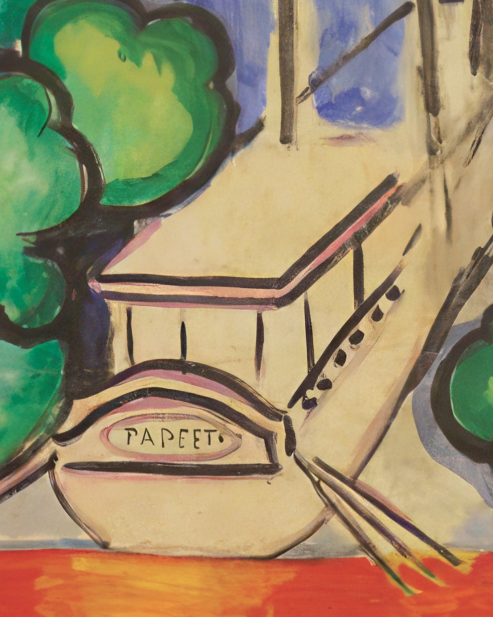 Abstract artwork with a building and trees, featuring the word 'Papeete'.