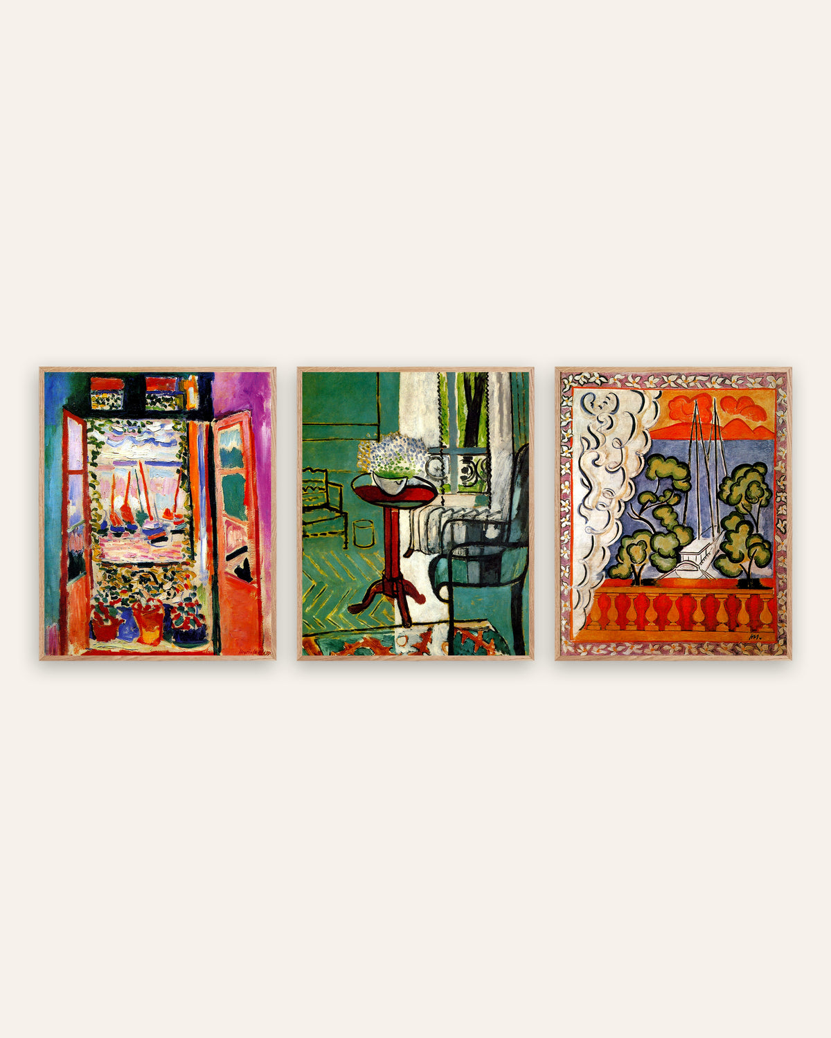 Matisse Window Prints Set of 3 – Collioure, Forget-Me-Nots & Tahiti, prints in natural oak frames