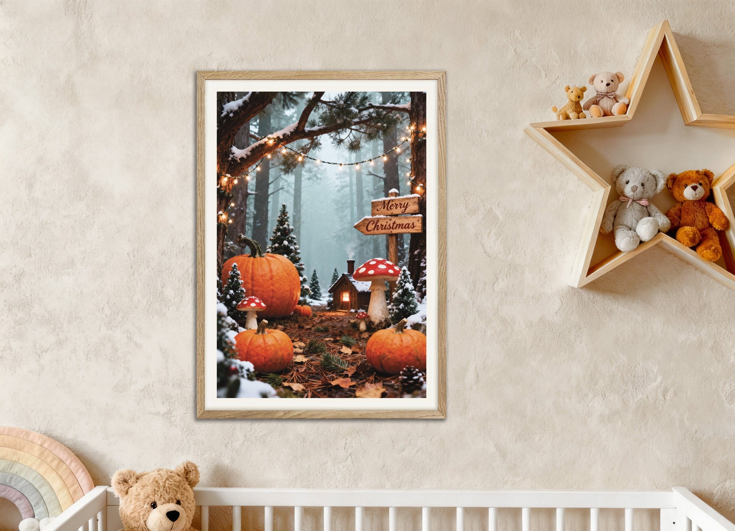 Poster of Merry Christmas forest path poster, with natural wooden frame