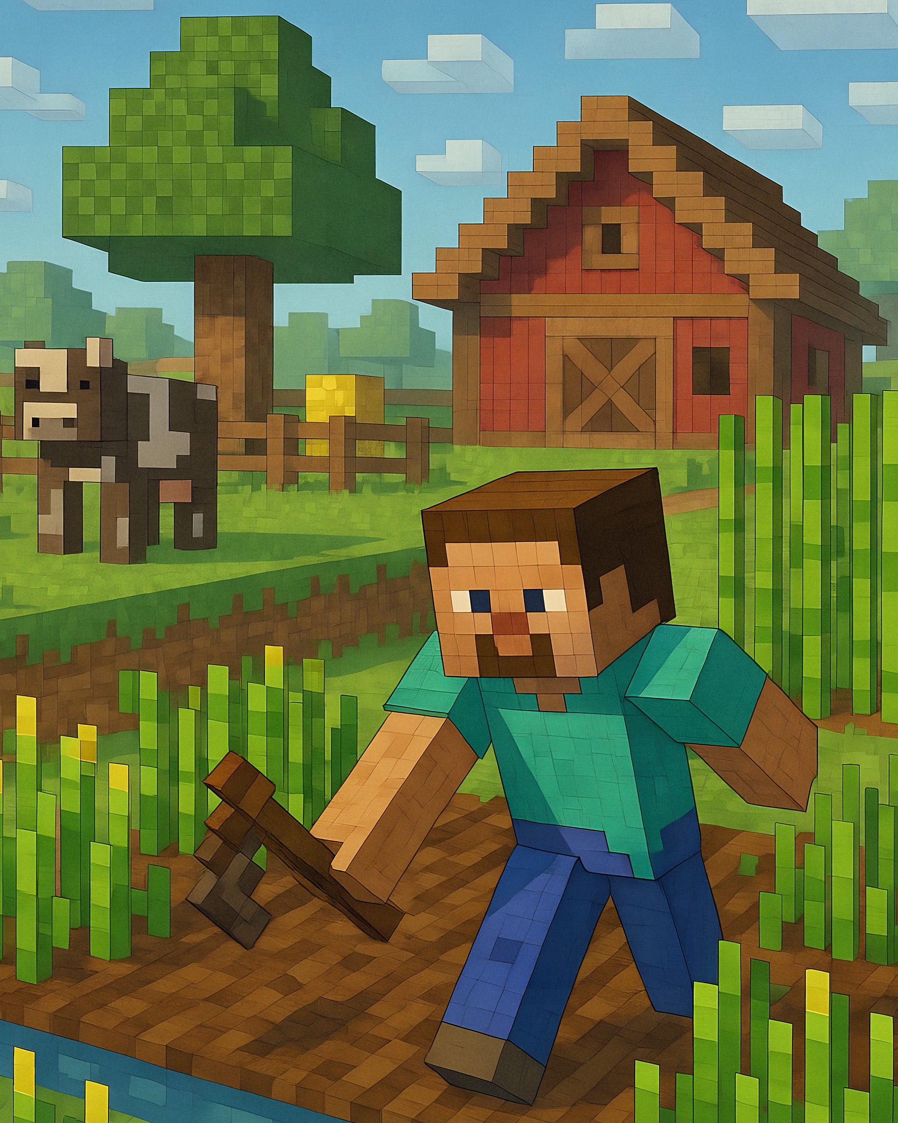 Minecraft Farm Scene – fields, barn & crops poster