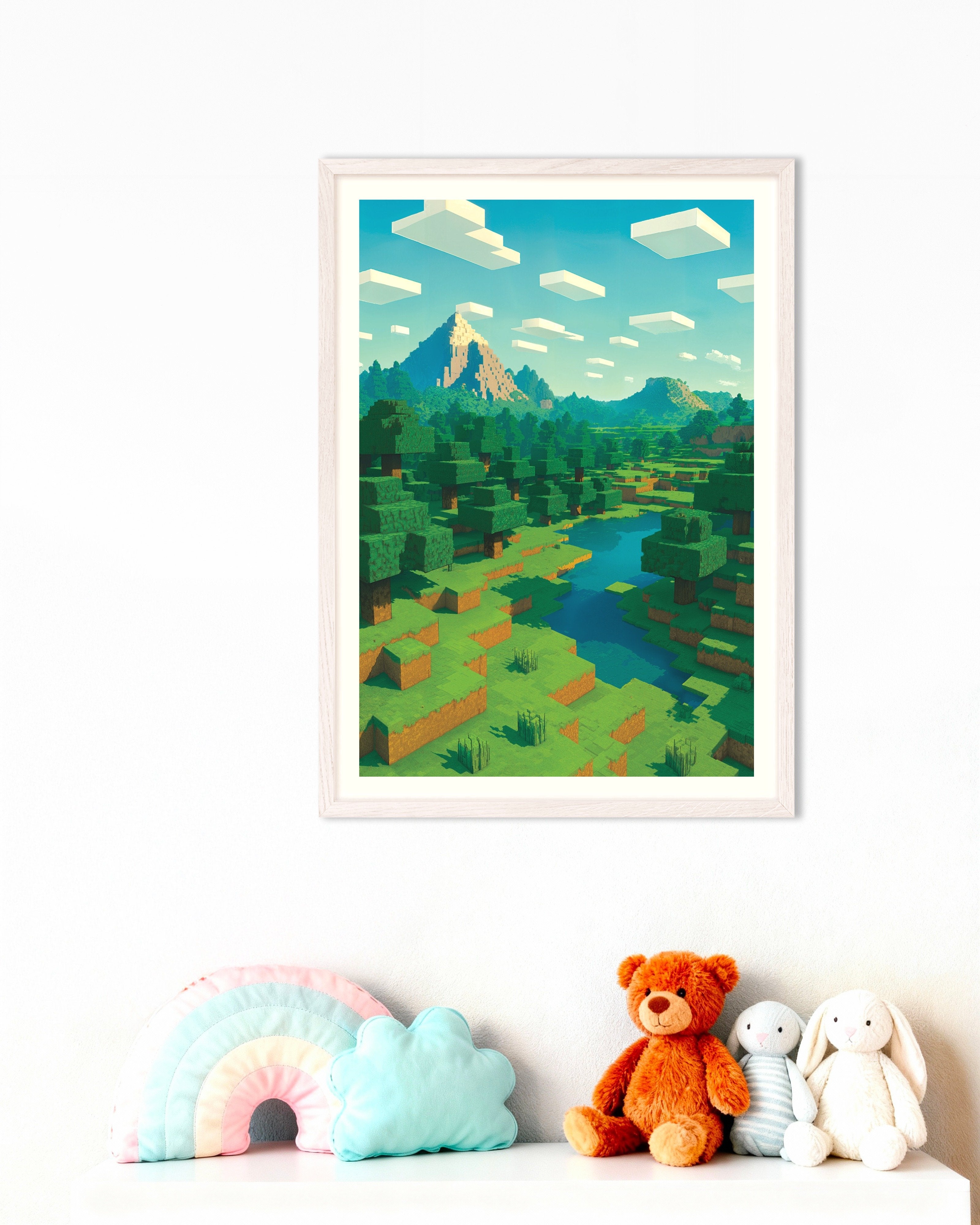 Poster of Minecraft Mountain Landscape – pixel art fan poster, with white wooden frame