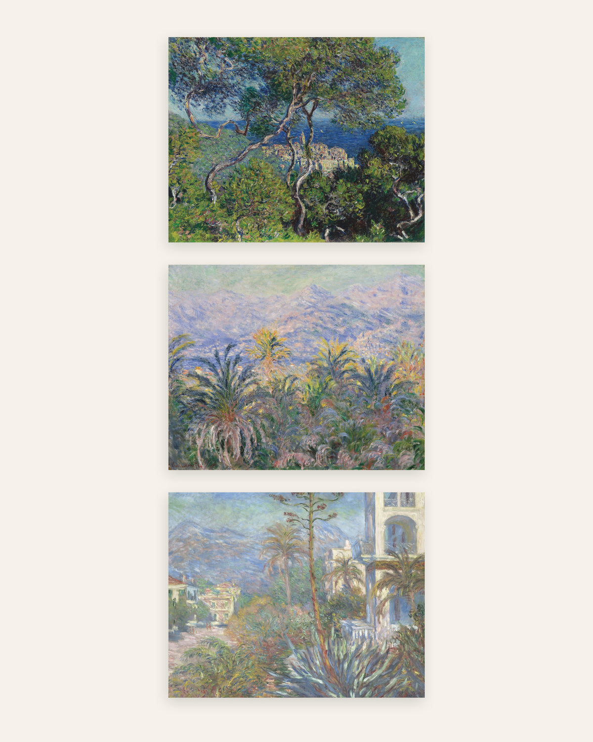 Monet Bordighera Prints Set of 3 – Riviera Pines, Palms & Villas, prints without frame