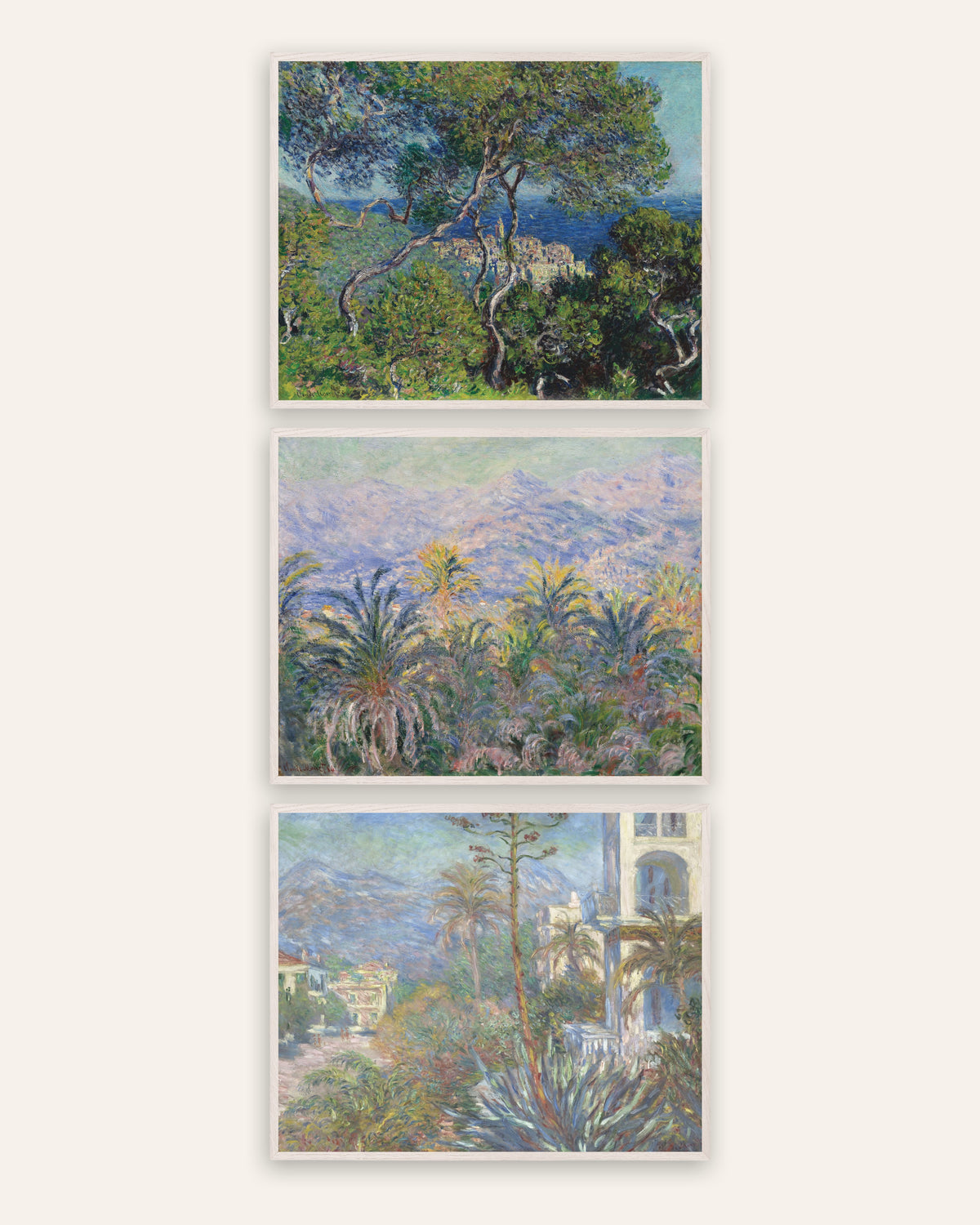 Monet Bordighera Prints Set of 3 – Riviera Pines, Palms & Villas, prints in white oak frames