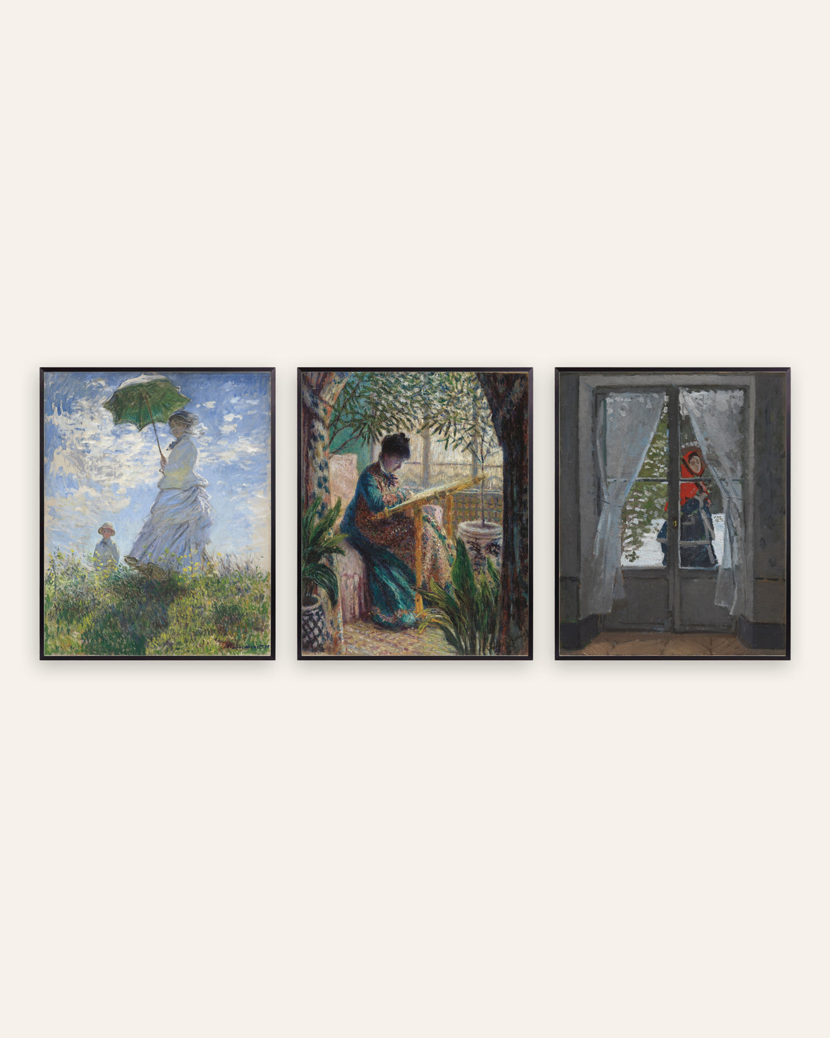 Monet Camille Prints Set of 3 – Woman with a Parasol & Red Kerchief, prints in black metal frames