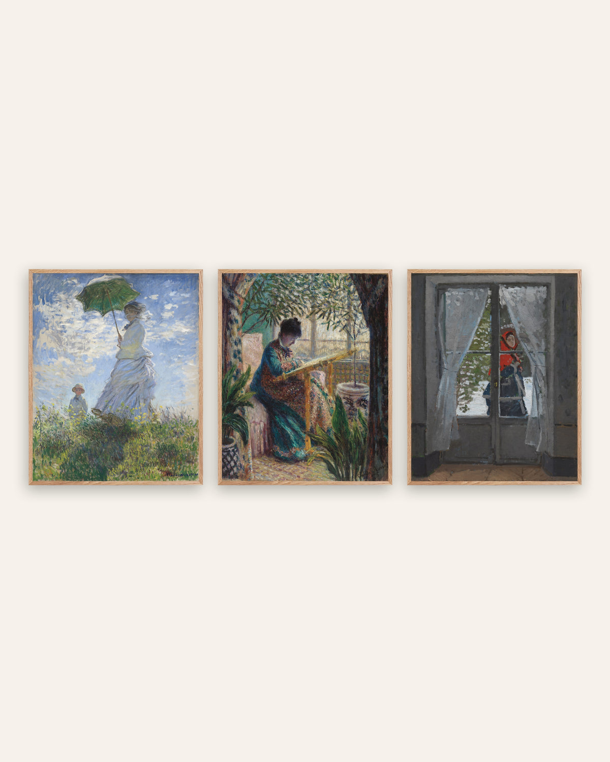 Monet Camille Prints Set of 3 – Woman with a Parasol & Red Kerchief, prints in natural oak frames