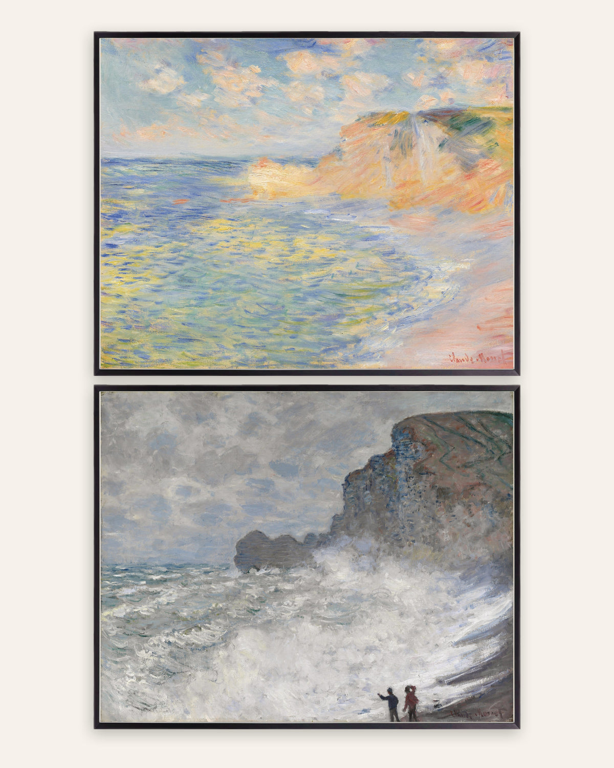 Monet Étretat Prints Set of 2 – Falaise d’Amont & Rough Weather, prints in black metal frames