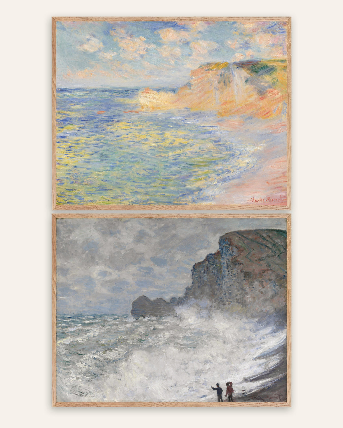 Monet Étretat Prints Set of 2 – Falaise d’Amont & Rough Weather, prints in natural oak frames