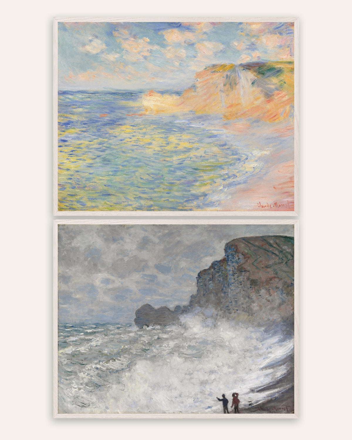 Monet Étretat Prints Set of 2 – Falaise d’Amont & Rough Weather, prints in white oak frames