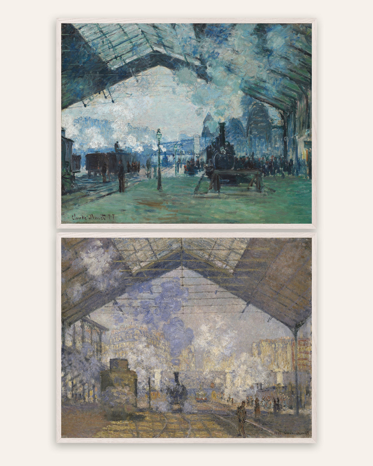 Monet Gare Saint-Lazare Prints Set of 2 – Steam & Trains, prints in white oak frames