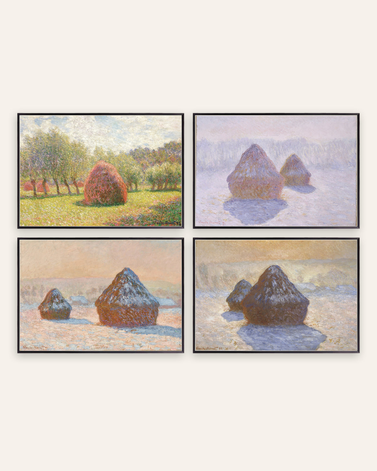 Monet Haystacks Prints Set of 4 – Summer to Snow, prints in black metal frames