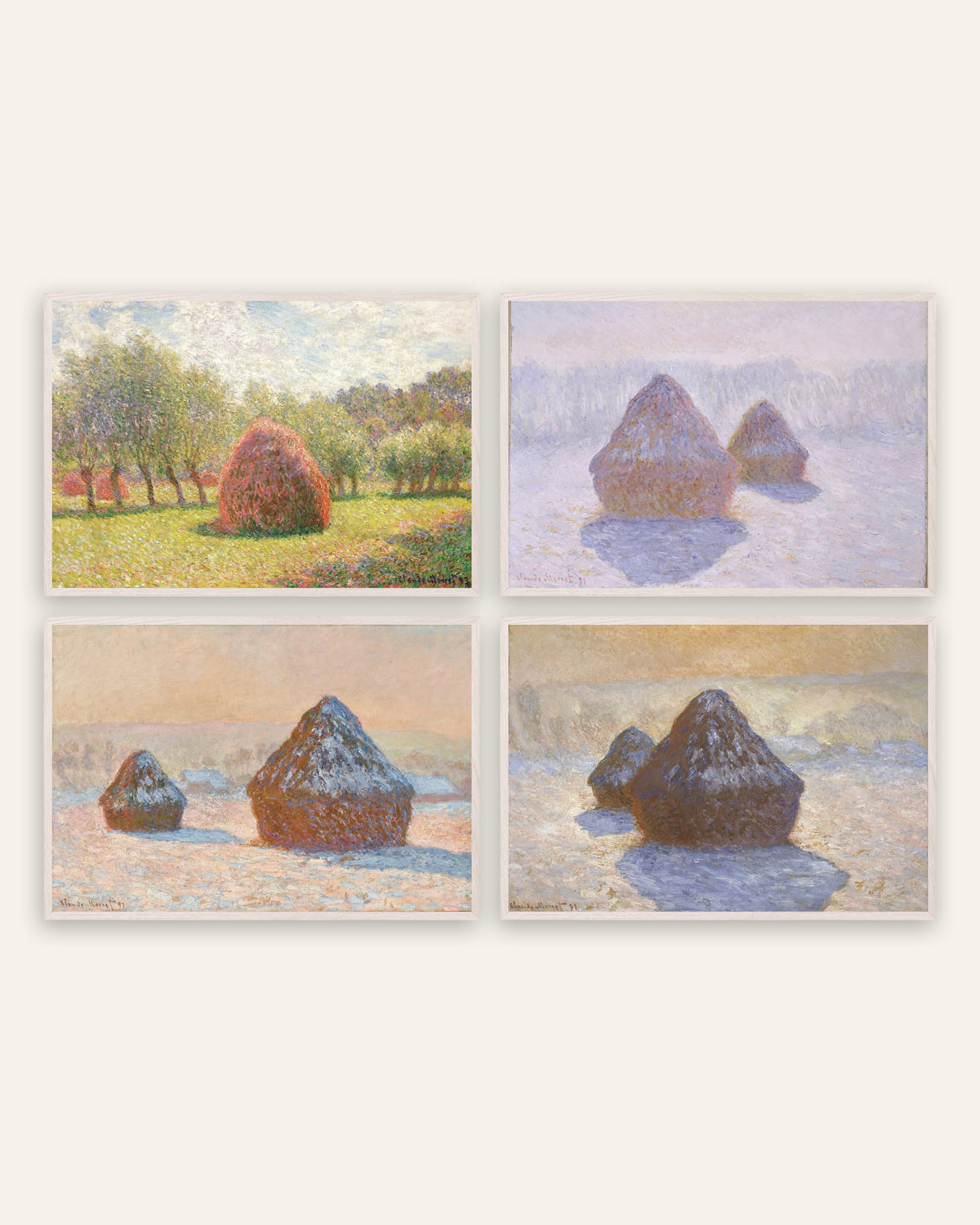 Monet Haystacks Prints Set of 4 – Summer to Snow, prints in white oak frames
