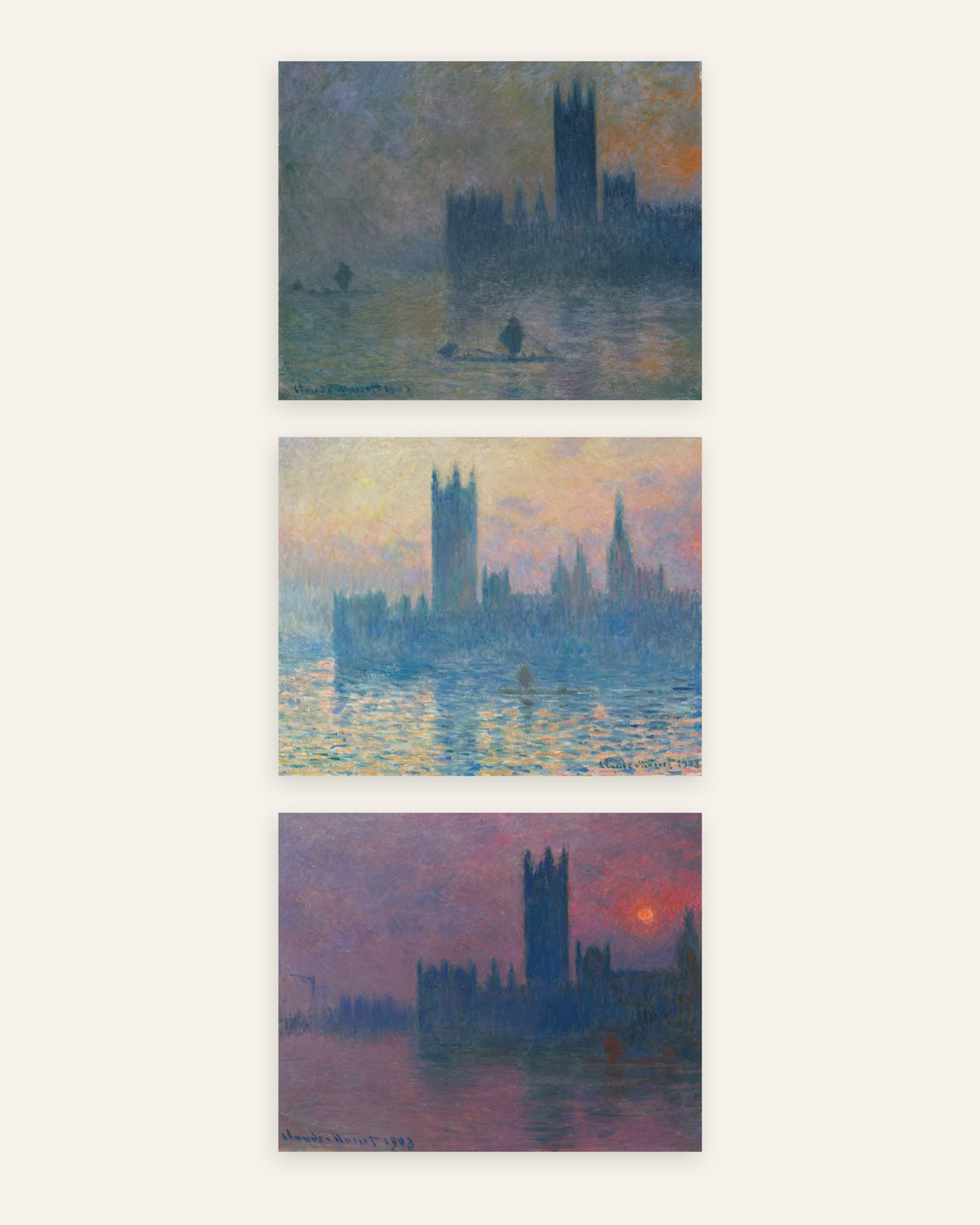 Monet Houses of Parliament Prints Set of 3 – Fog & Sunset, prints without frame