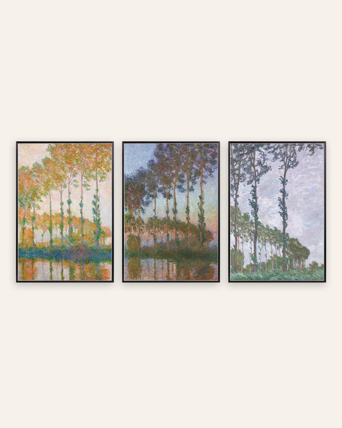 Monet Poplars Prints Set of 3 – Autumn, Twilight & Wind, prints in black metal frames