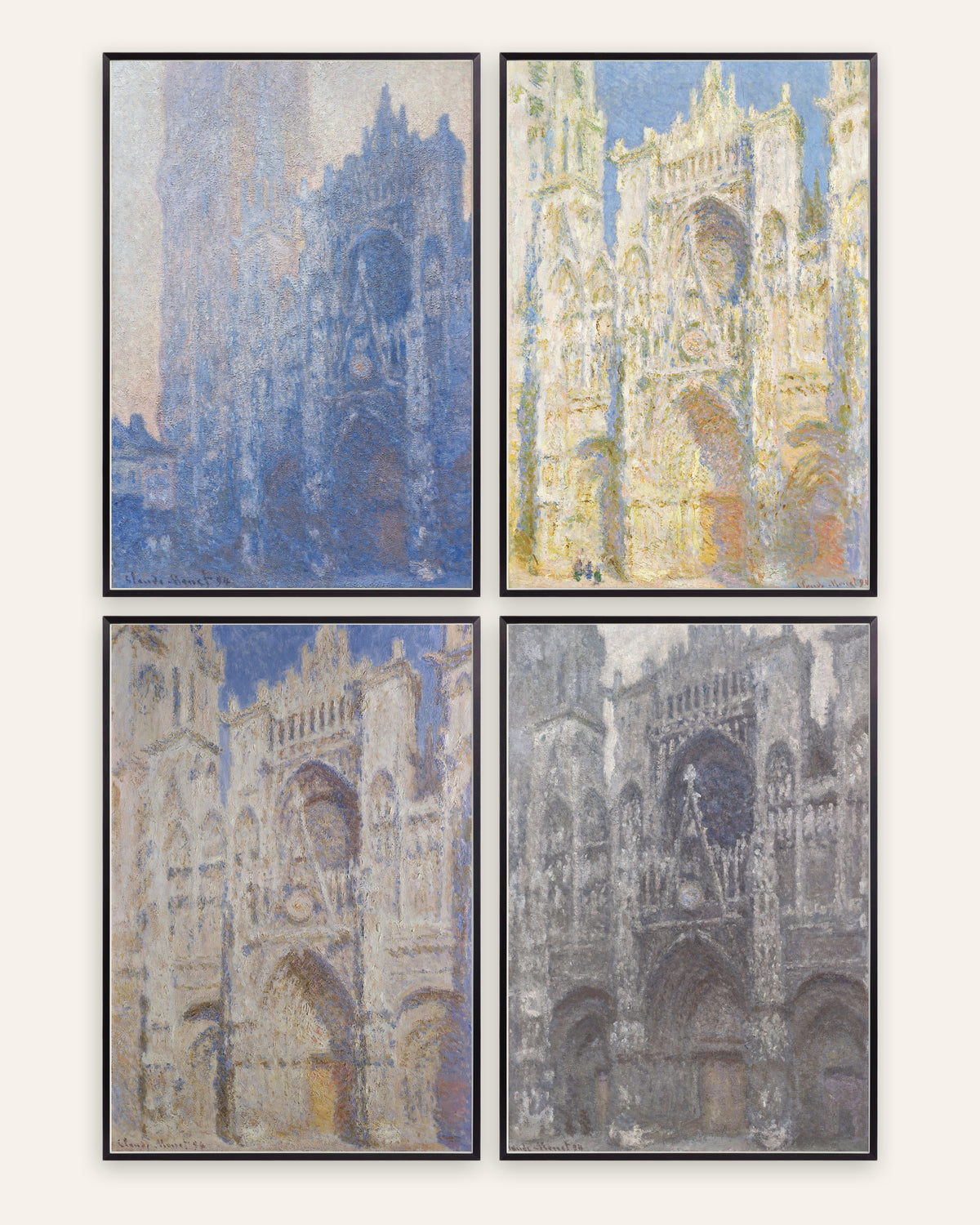 Monet Rouen Cathedral Prints Set of 4 – Morning to Gray Weather, prints in black metal frames