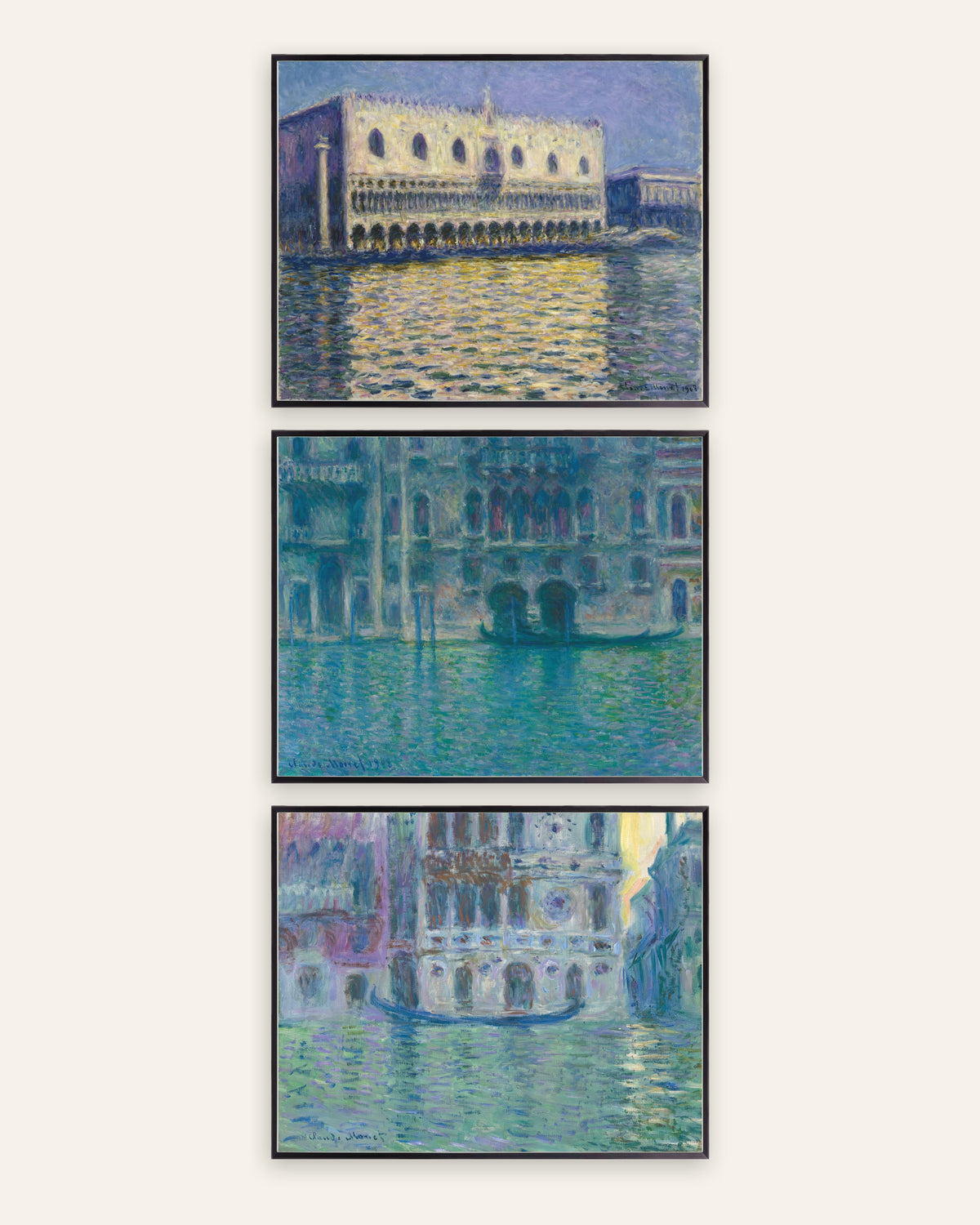 Monet Venice Prints Set of 3 – Doge’s Palace, Palazzo da Mula & Dario, prints in black metal frames