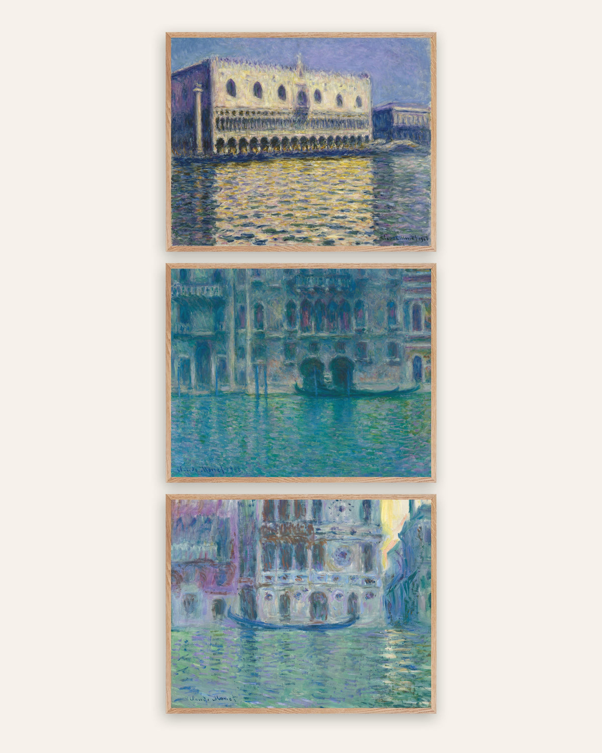 Monet Venice Prints Set of 3 – Doge’s Palace, Palazzo da Mula & Dario, prints in natural oak frames